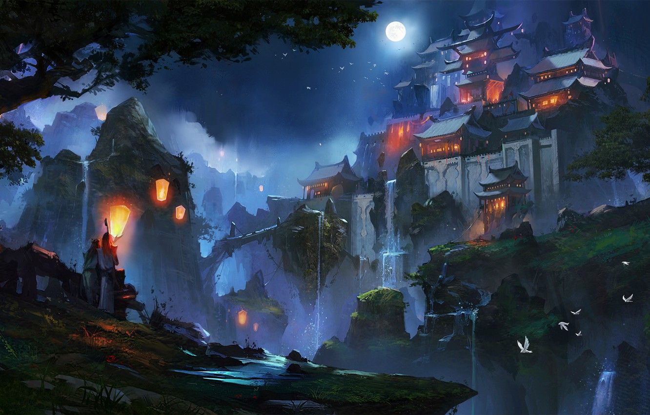 Wallpaper China, Light, Japan, moon, fantasy, game, Nature, Fire, Asian, landscape, Mountain, night, art, scenery, fantastic, Temple image for desktop, section фантастика