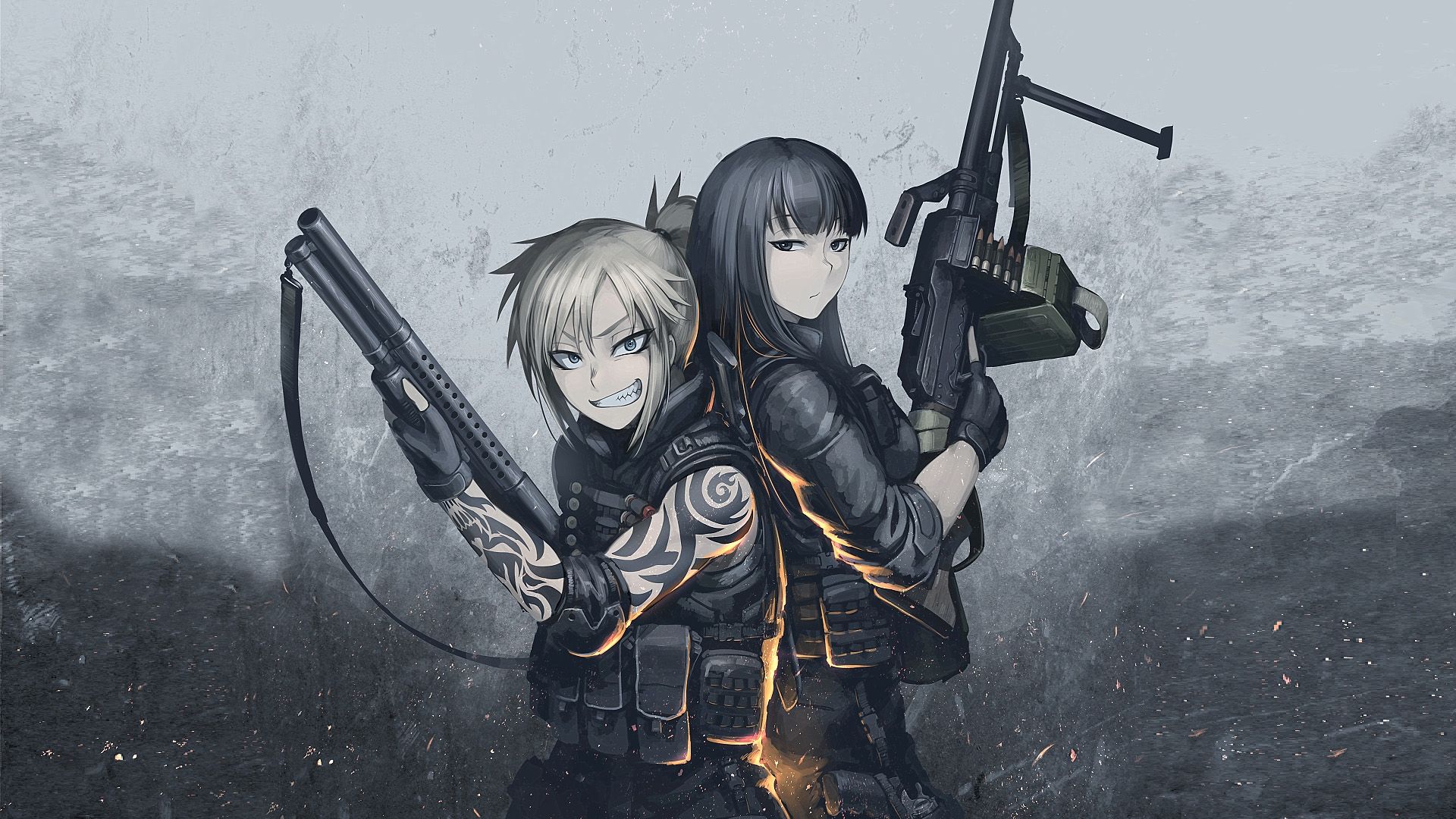 Download 1920x1080 Anime Girl, Anime Boy, Military, Guns, Tattoo
