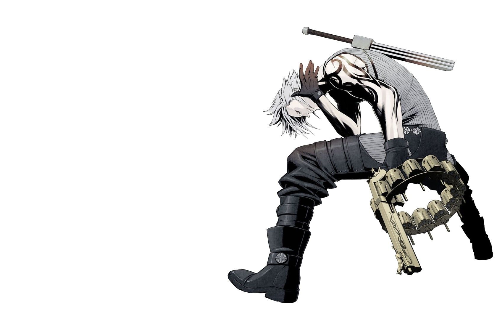 White haired anime male character holding a gold gun HD wallpaper