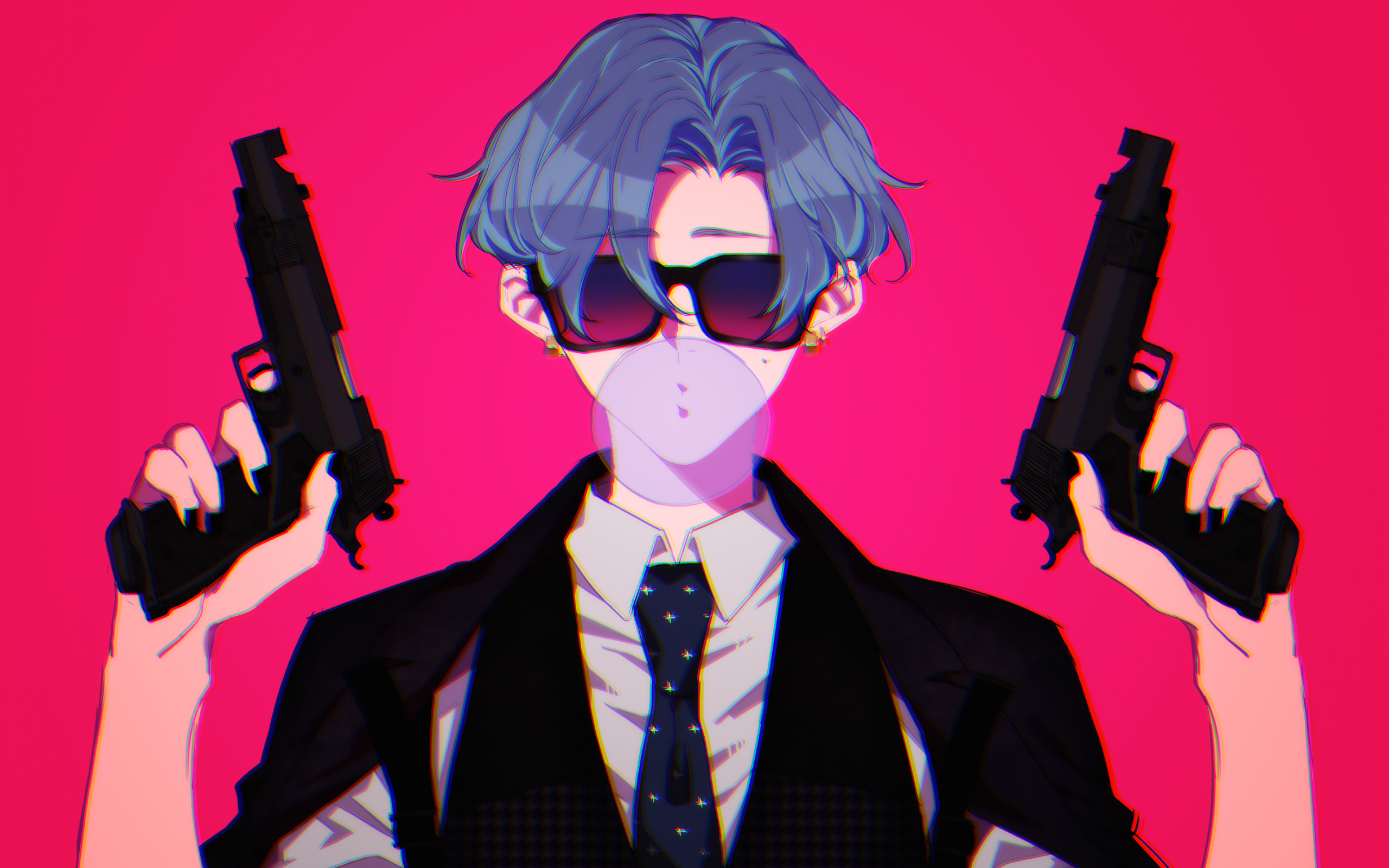 anime guy blue hair with gun