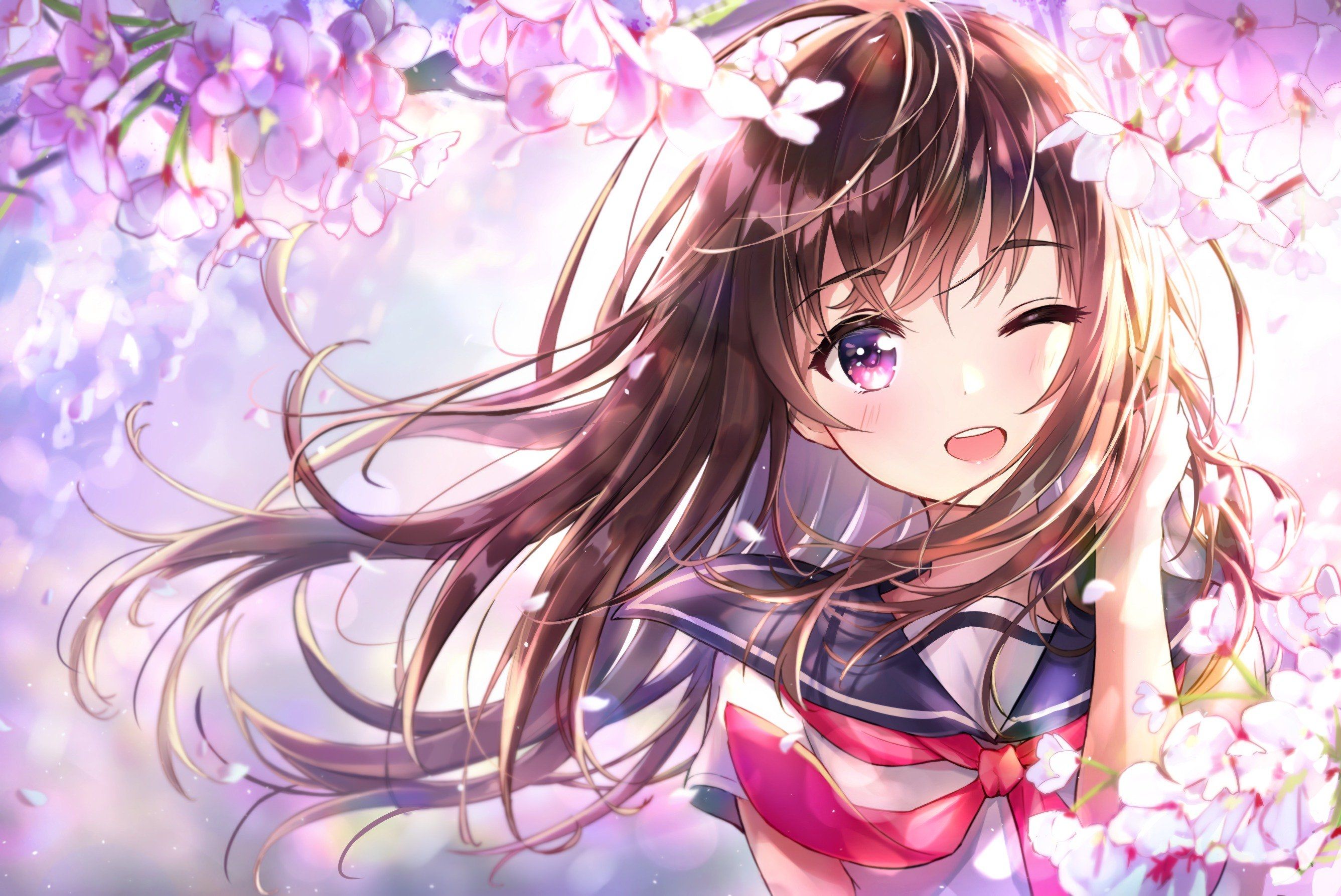 Download 2673x1787 Anime Girl, Wink, Cherry Blossom, Cute, School