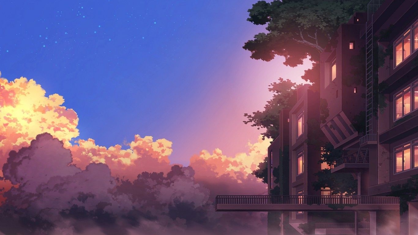 Download 1366x768 Anime Landscape, Building, Sunset, Clouds