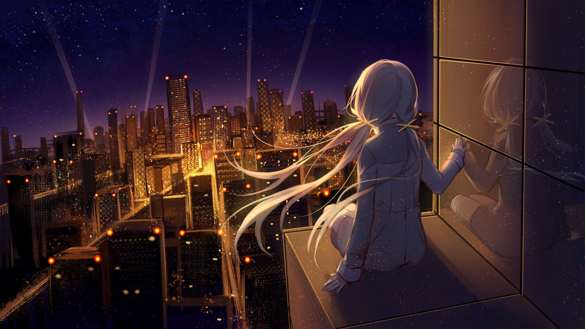 sitting, #city, #city lights, #reflection, #night, #stars, #anime
