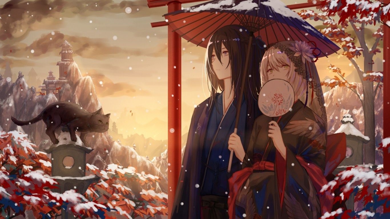 Download 1366x768 Anime Couple, Snow, Umbrella, Torii, Scenic