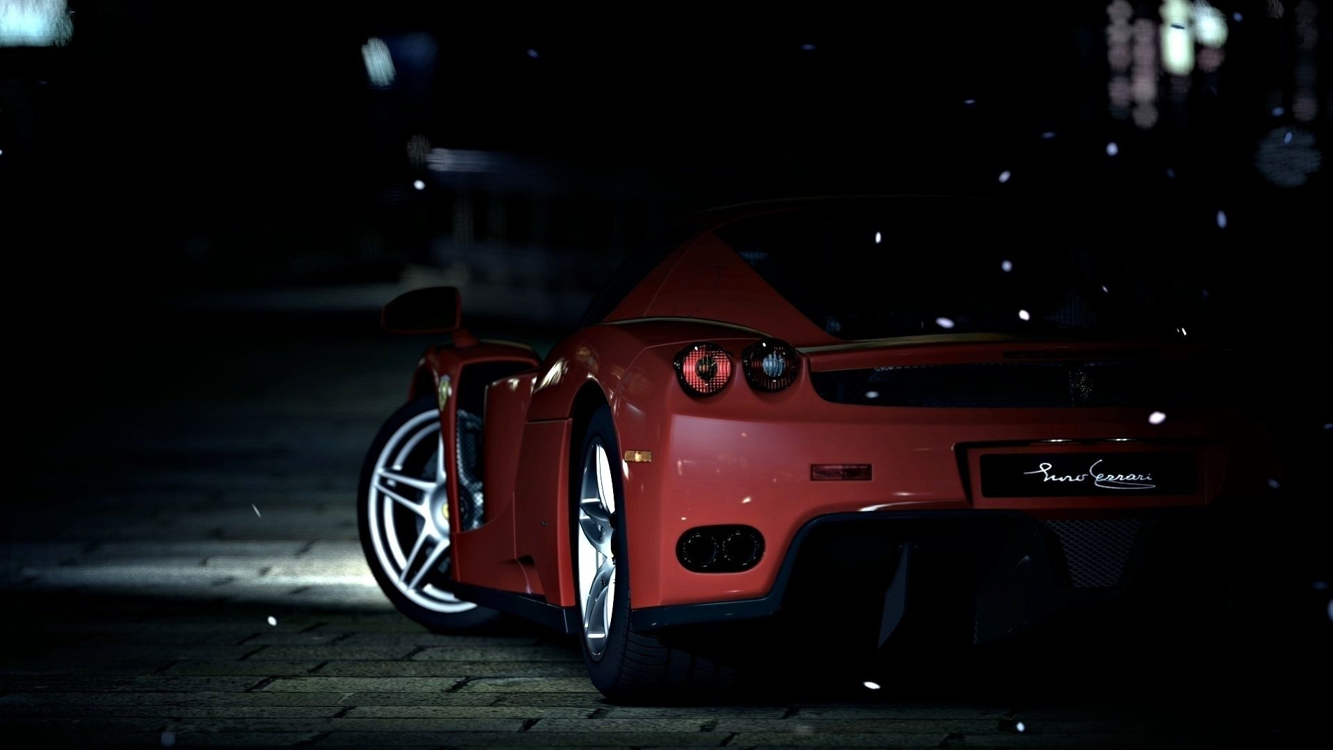 Red Ferrari Car Rear View at Night HD Desktop Wallpaper Background