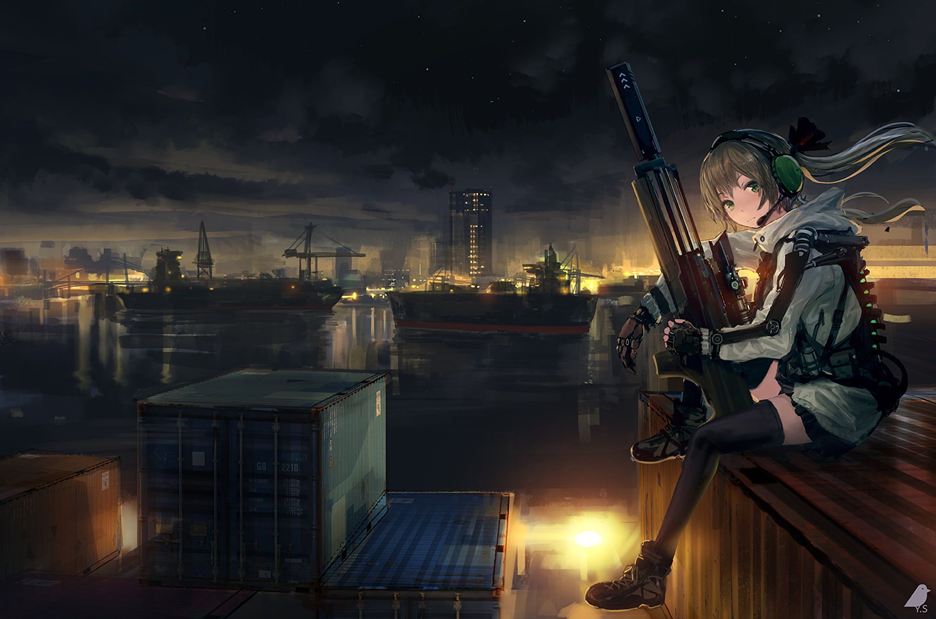 Anime girl, soldier, sitting, sniper, artwork, Anime, HD wallpaper