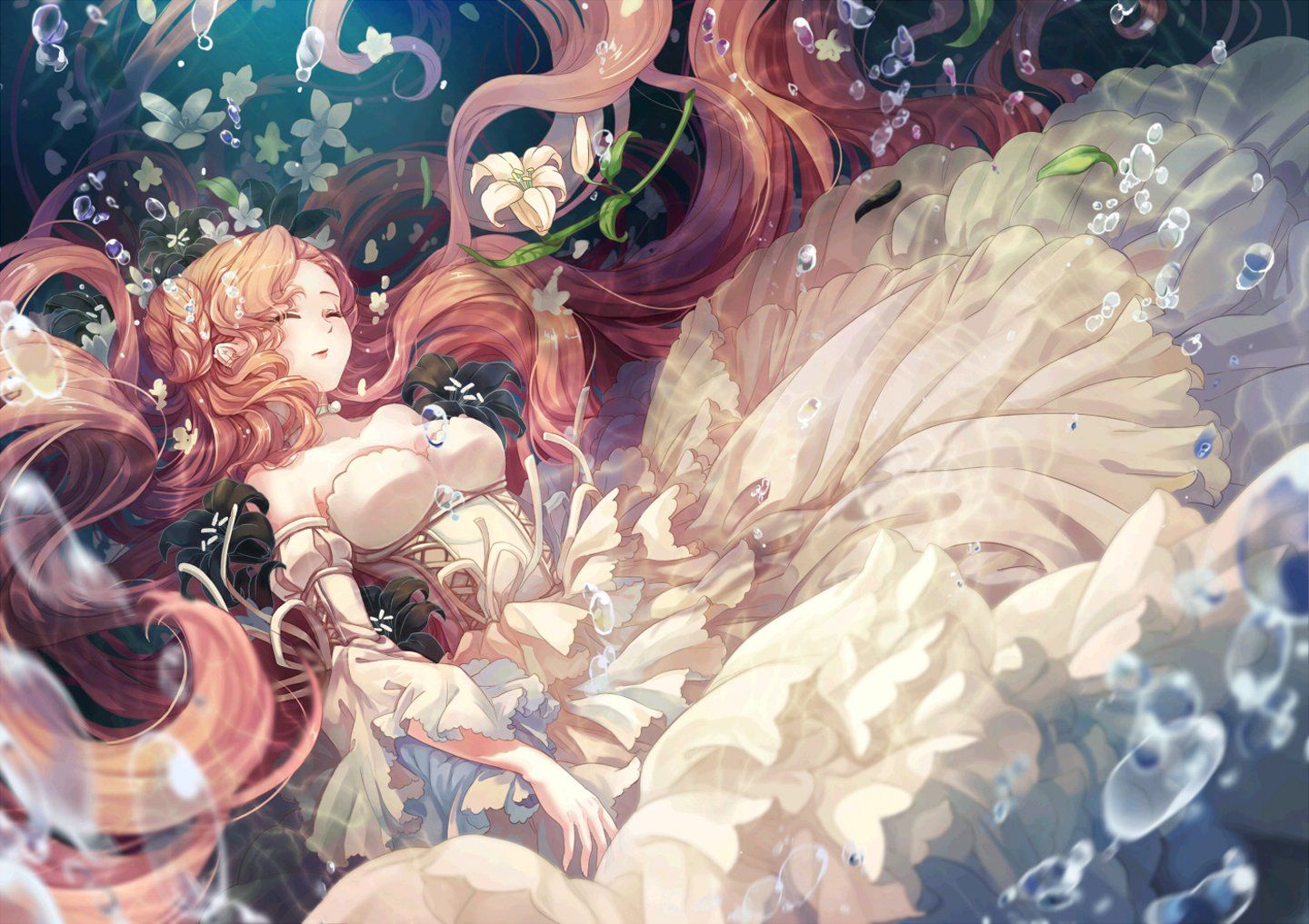 Water dress flower white smile sleep girl anime wallpaper