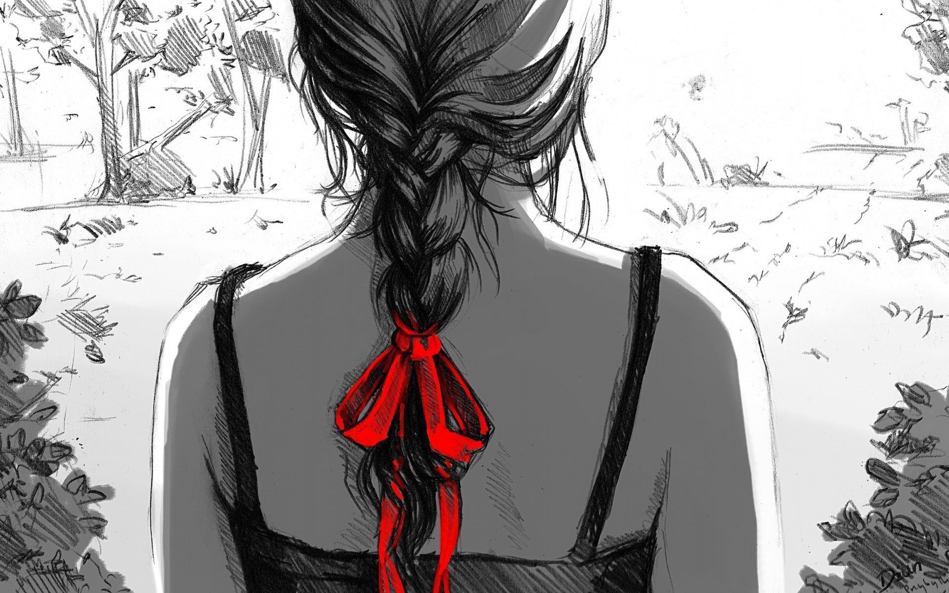 Woman with red hair ribbon illustration HD wallpaper