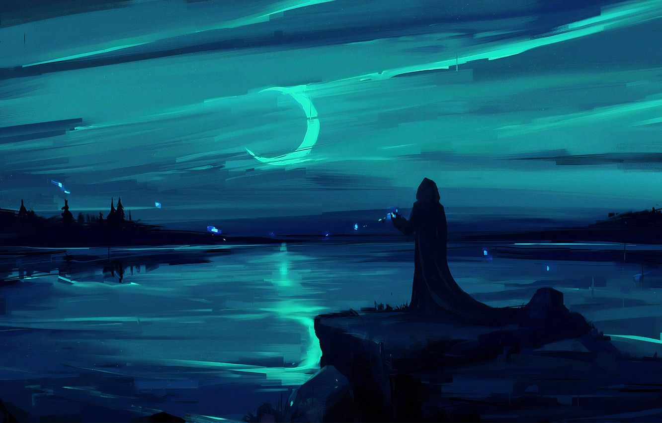 Wallpaper moon, fantasy, magic, landscape, night, figure, lake
