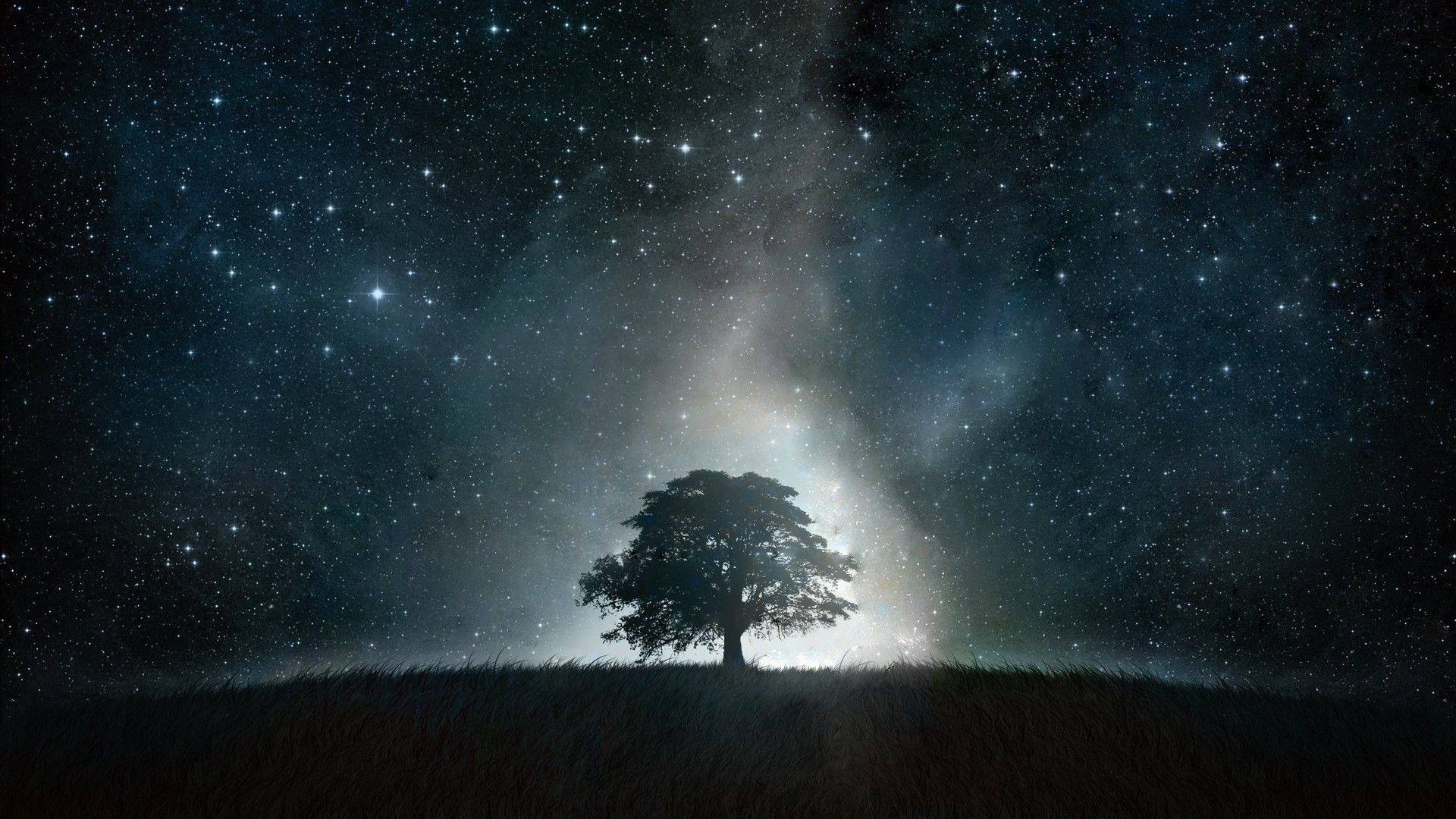 Trees stars artwork night landscapes night sky 1920x1080 wallpaper