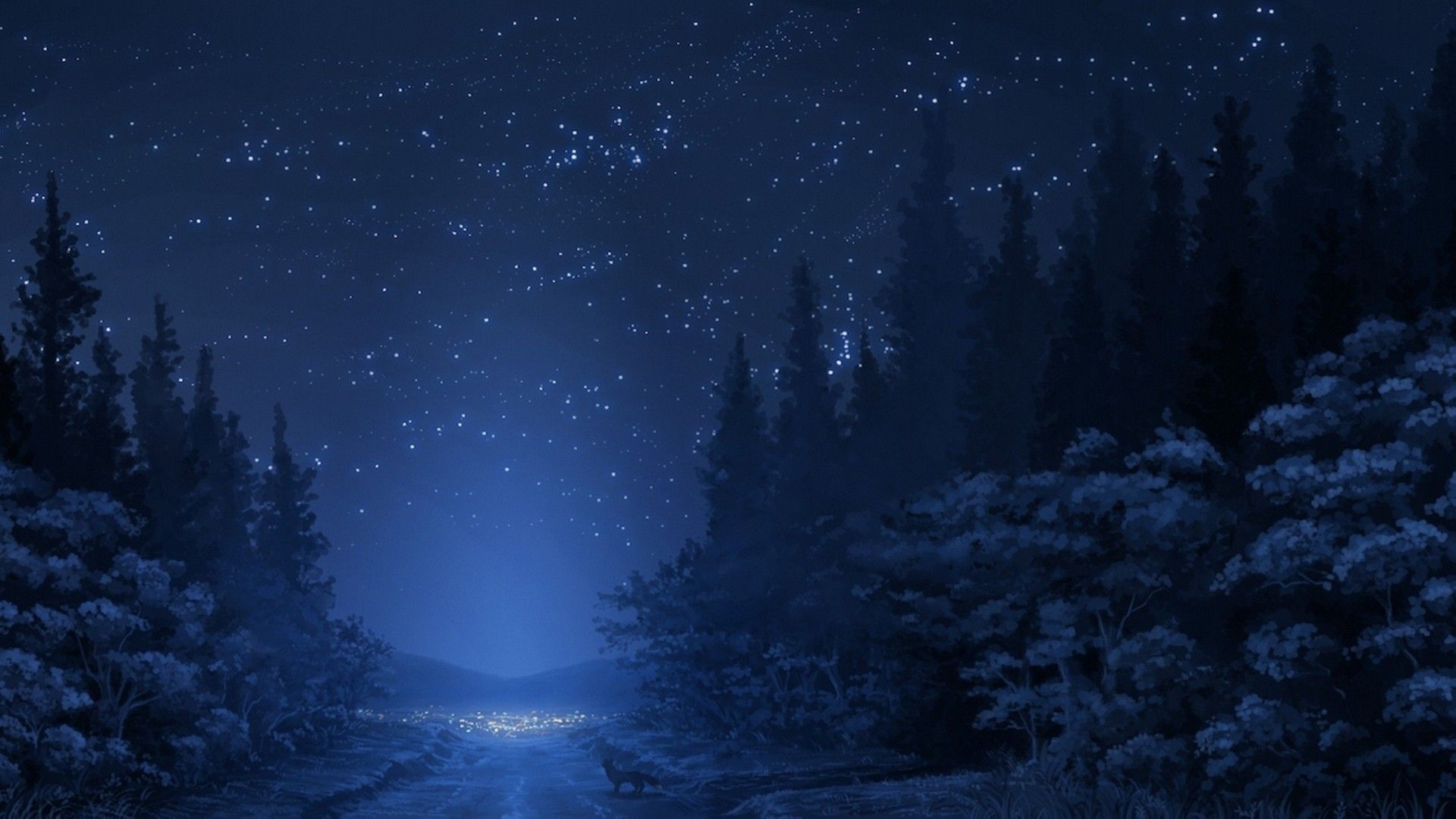 anime, #forest, #trees, #landscape, #fox, #road, #sky, #stars
