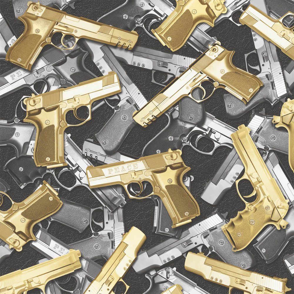 Muriva Guns Pattern Gold Silver Urban Bling Motif Pistol Wallpaper