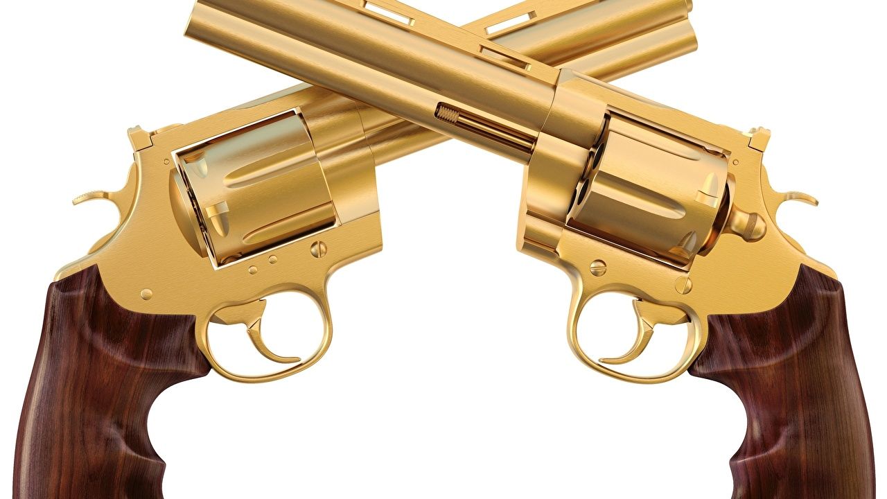 Photos Pistols Revolver gold timber Gold color Closeup Army