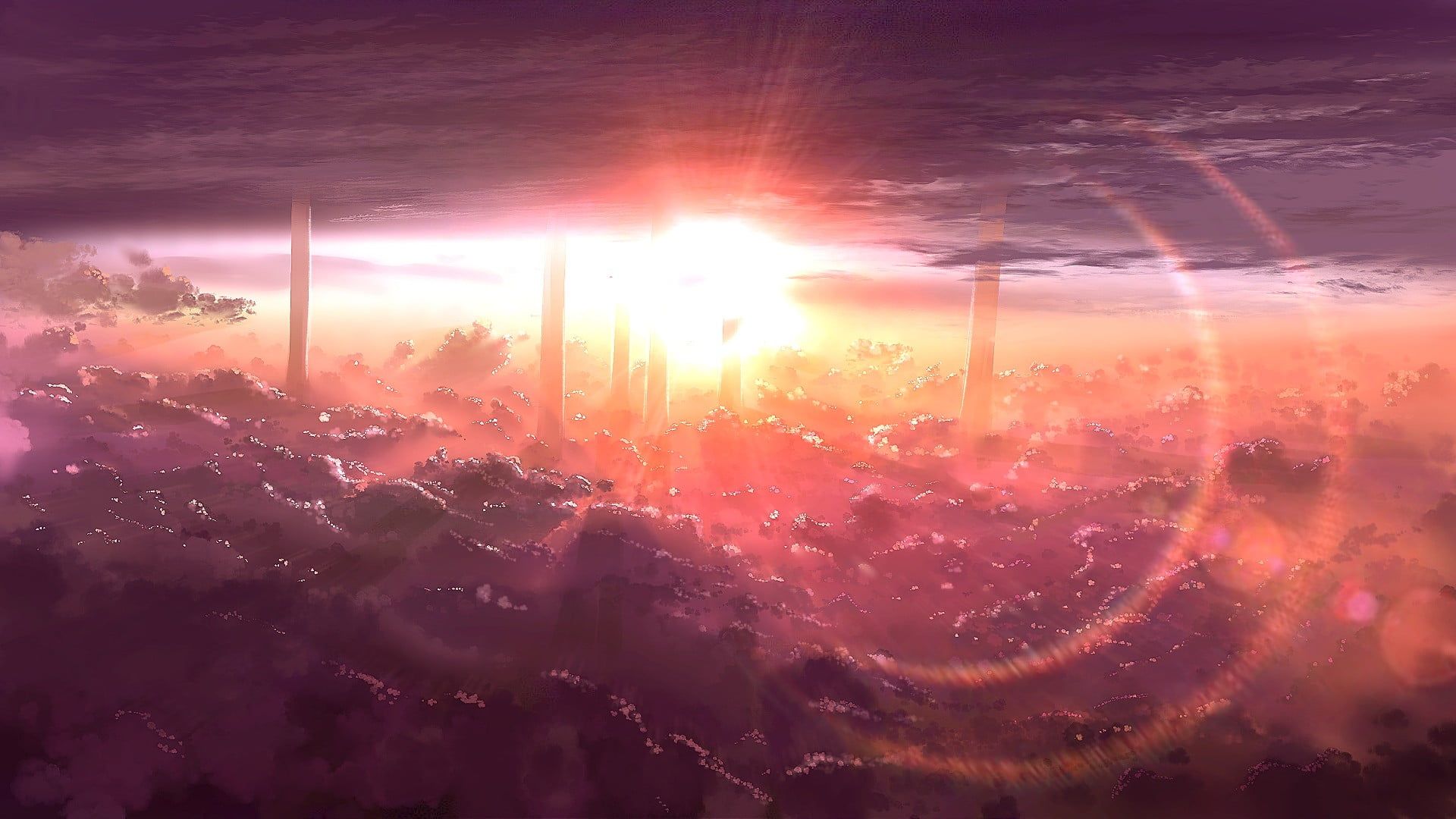 Anime digital wallpaper, clouds, landscape, sun rays, sunset HD