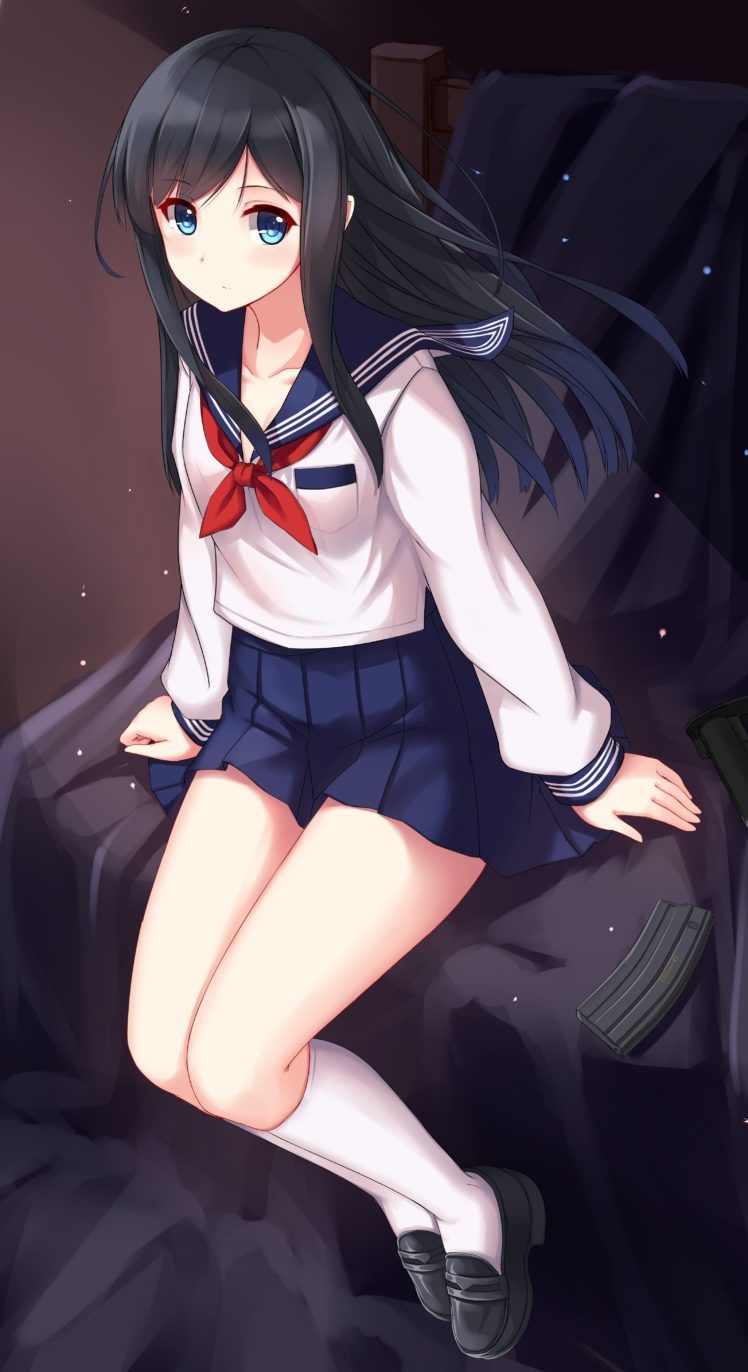 blue eyes, Anime girls, School uniform, Long black hair Wallpaper