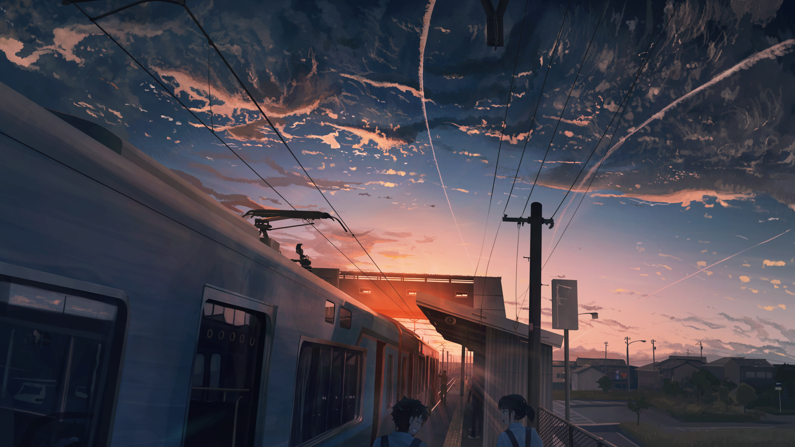 Anime Landscape, Sunset, Train, Clouds, Scenic, Fence