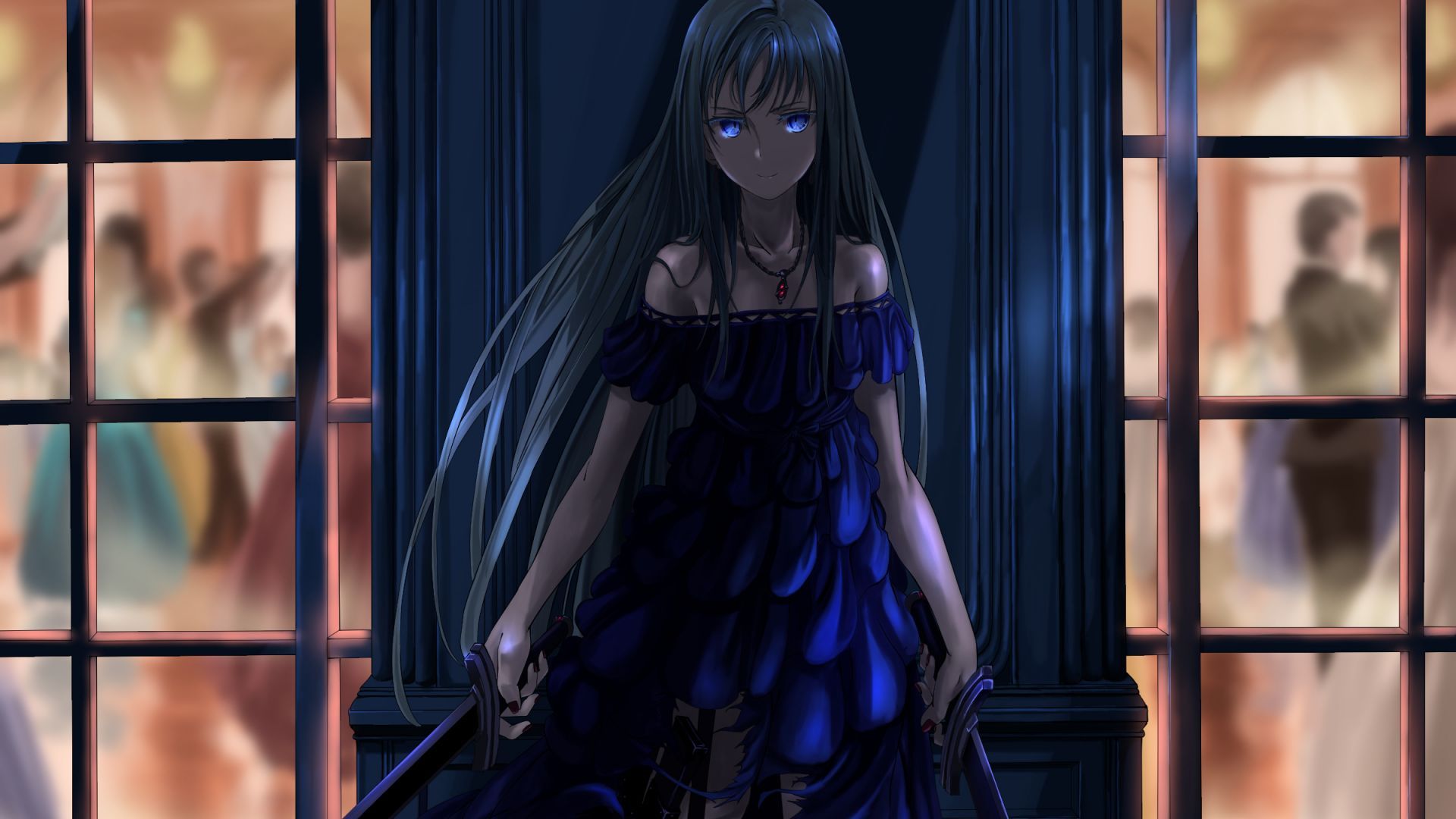 Desktop wallpaper warrior, anime girl, dark, long hair, art, HD