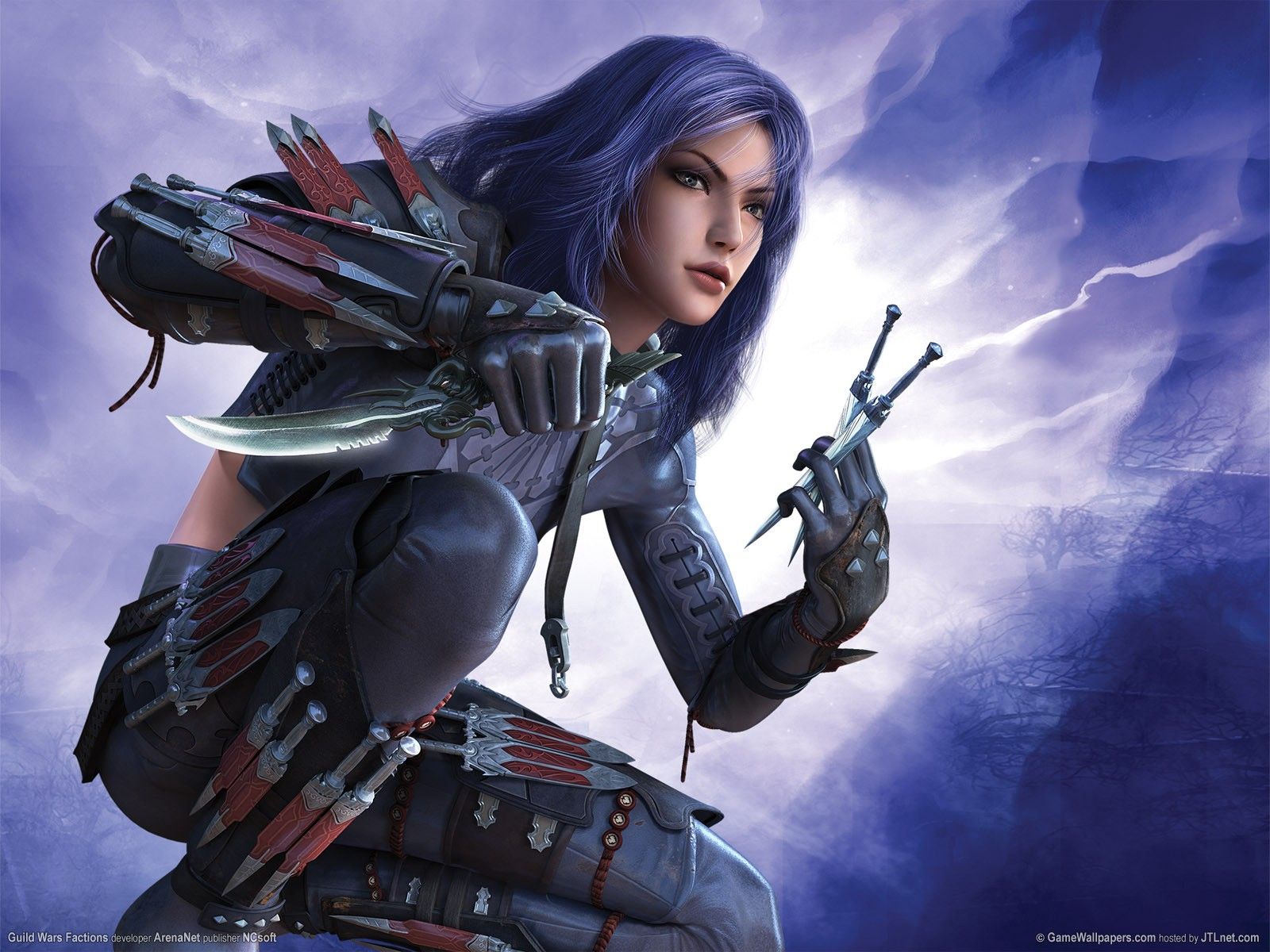 women, video games, assassins, Guild Wars, purple hair, knives