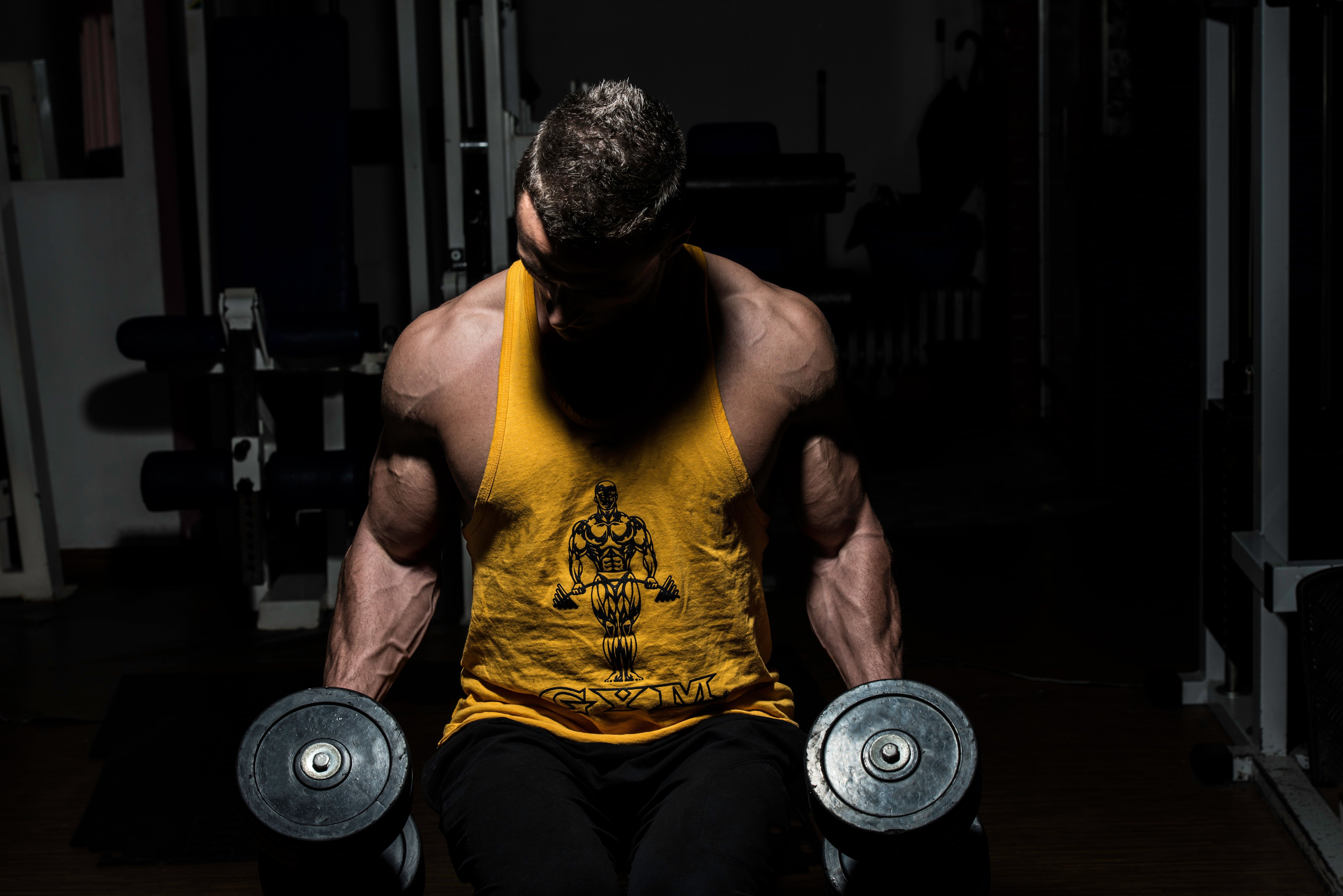 men's yellow tank top #muscles #gym #dumbbells #bodybuilder K