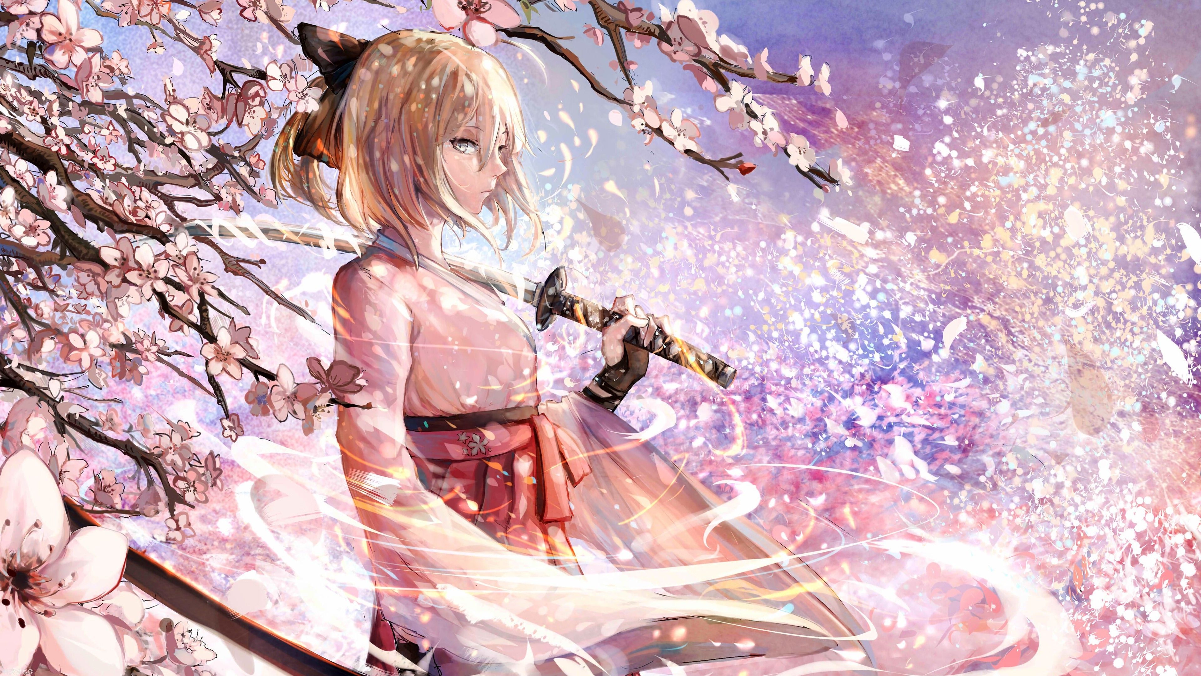 anime Girls, Katana, Sakura Saber (Fate Grand Order), Miko, Fate Grand Order, Fate Series, Cherry Blossom Wallpaper HD / Desktop and Mobile Background