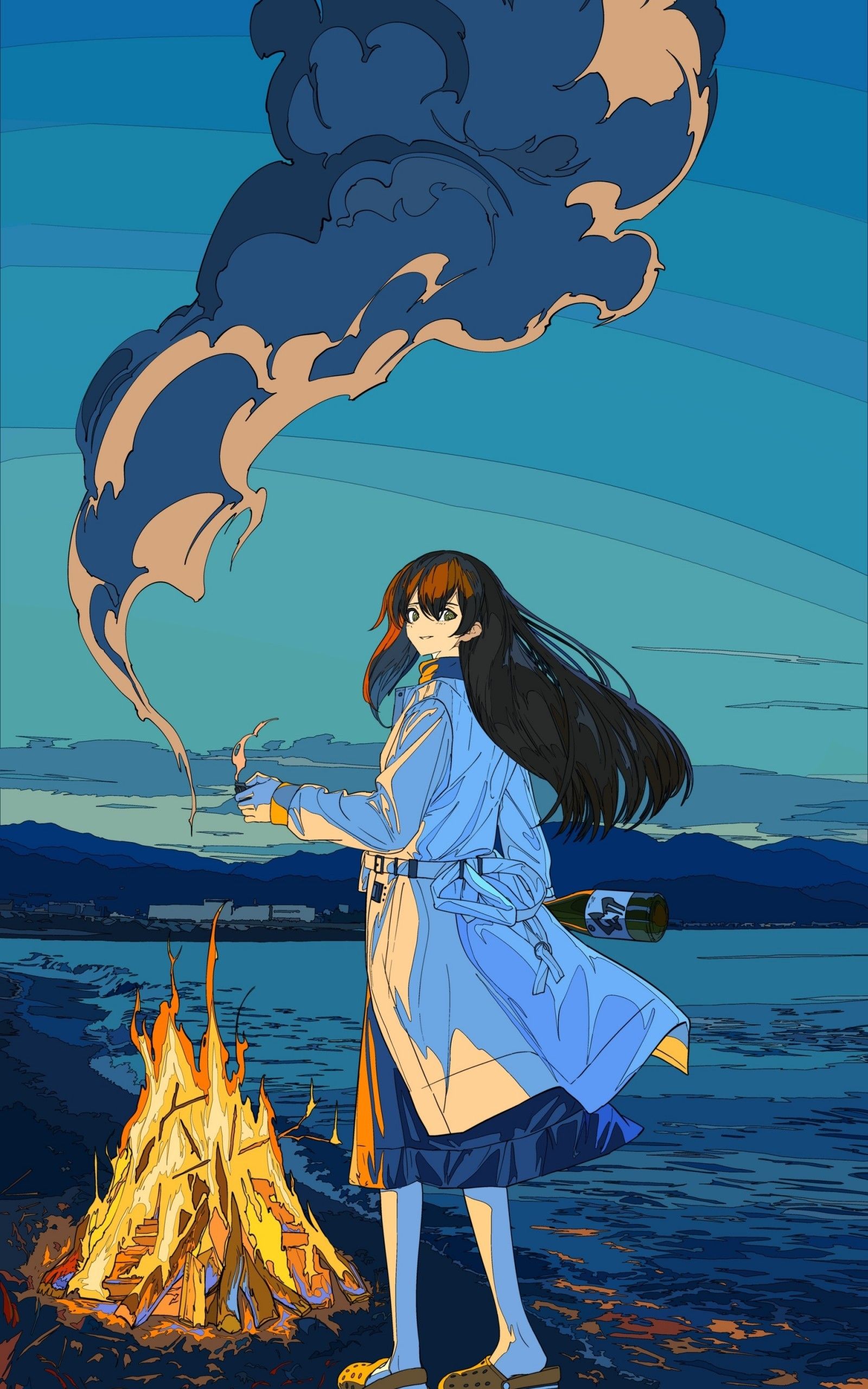 Download 1600x2560 Anime Girl, Bonfire, Smoke, Night, Lighter