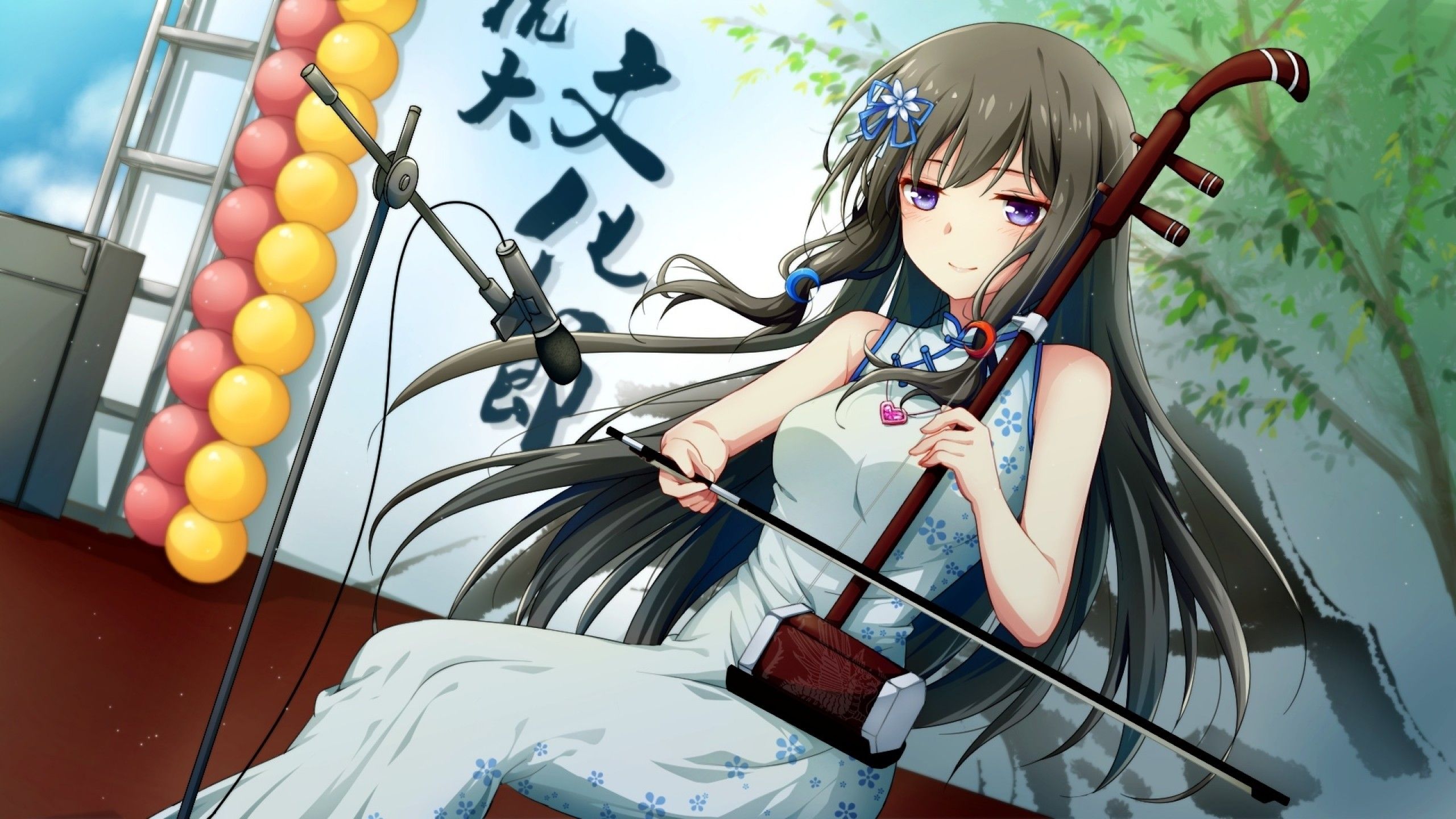 Download 2560x1440 Anime Girl, Chinese Dress, Instrument, Black