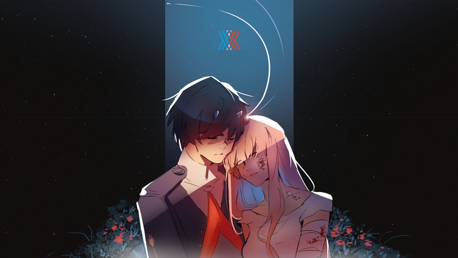 Download Hiro and zero two, love, anime, couple, hug, art