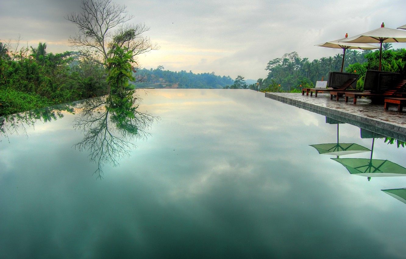 Wallpaper Alila Pool, morning, pool, umbrella, Indonesia, Bali