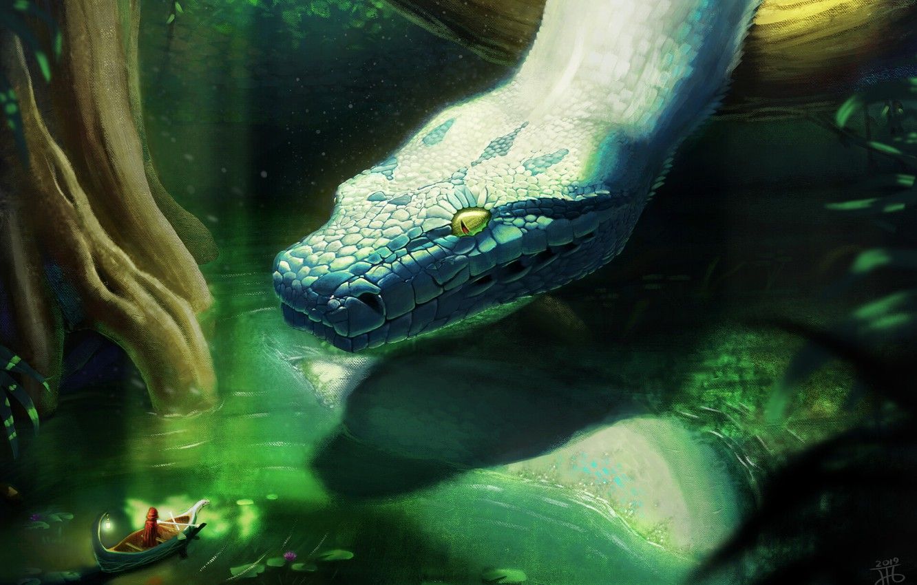 Wallpaper Snake, River, Forest, Boat, Jungle, Jungle, Fantasy