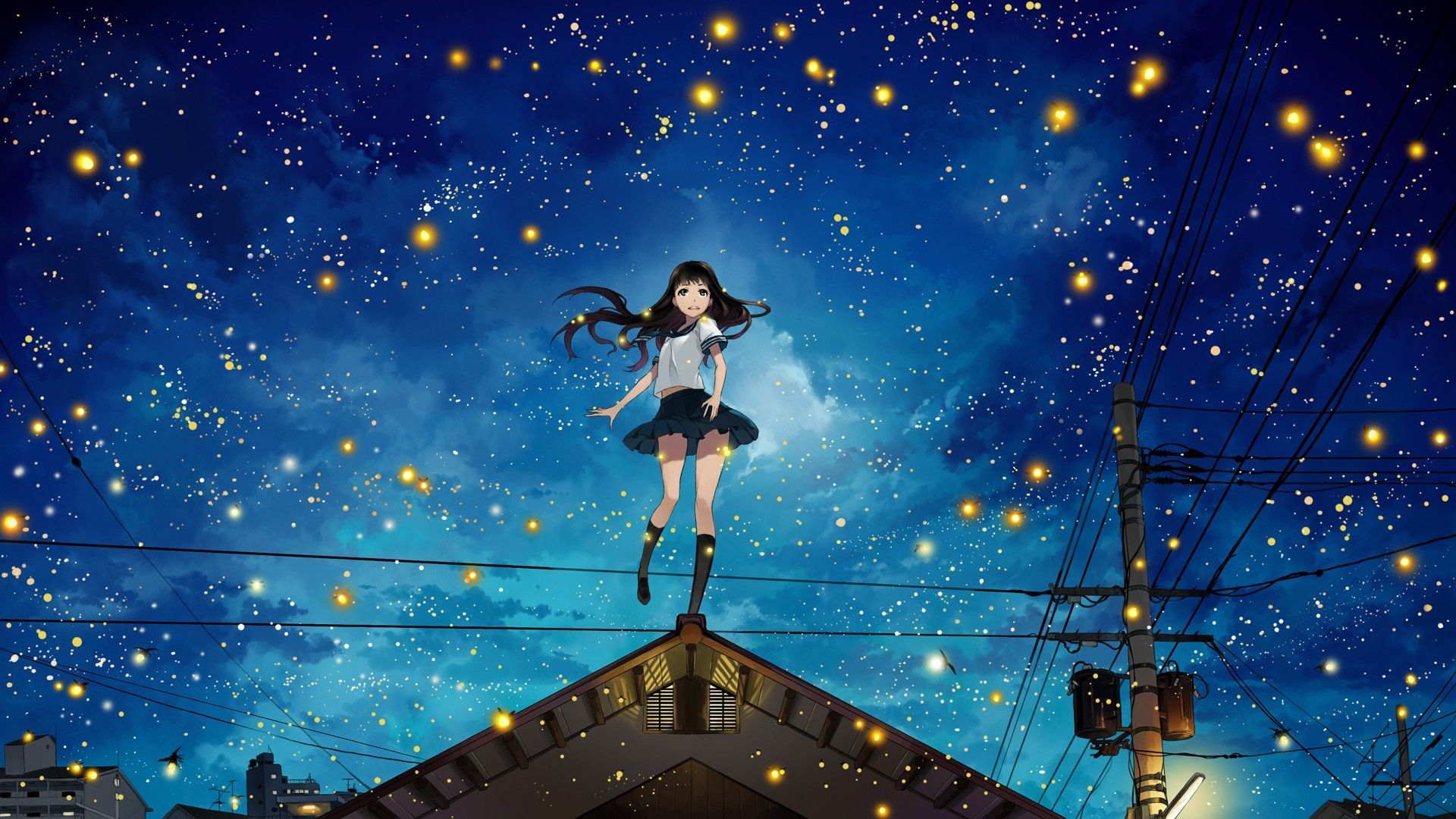 anime anime girls cities long hair night sky wallpaper