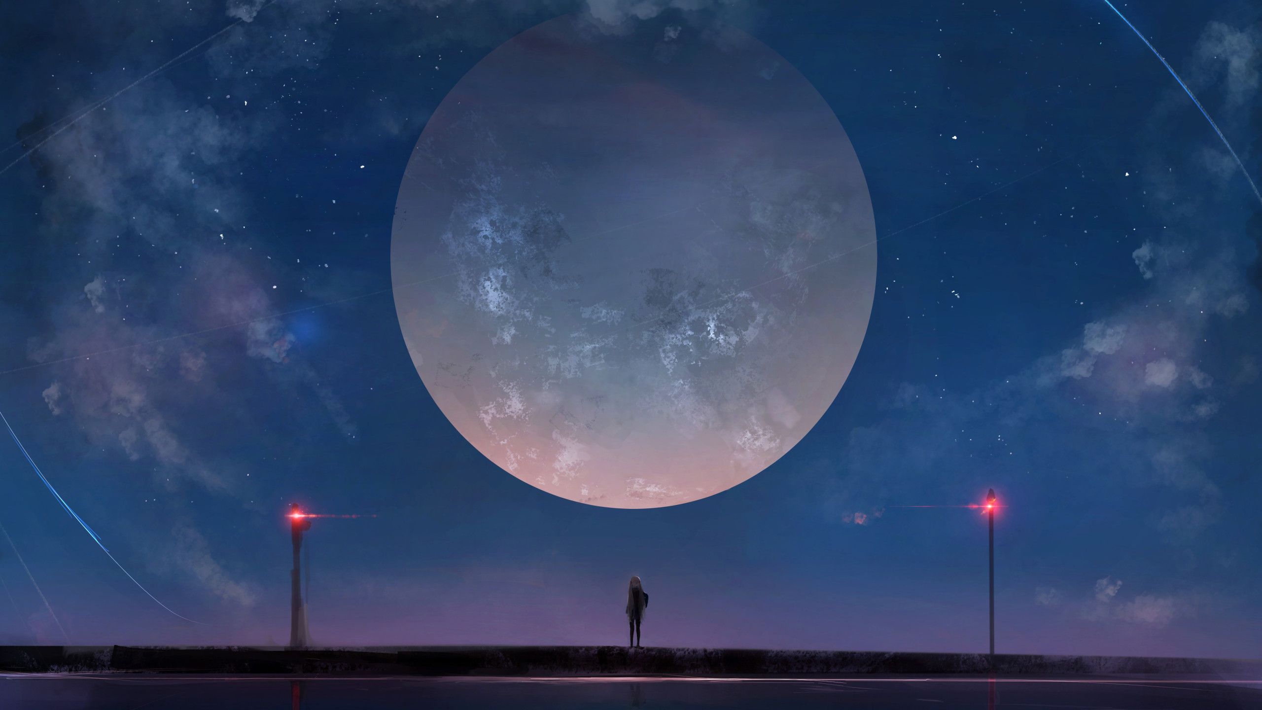Huge Moon Anime Girl Night Sky Stars 1440P Resolution HD