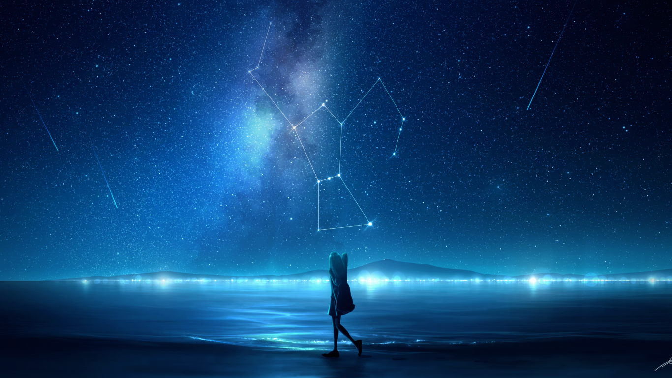 Download 1366x768 Starry Sky, Anime Girl, Walking, Scenic, Moon