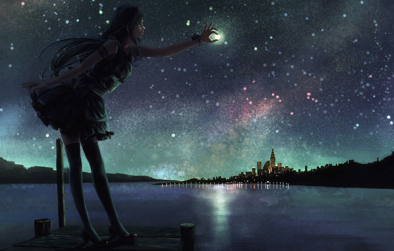 Wallpaper the sky, girl, stars, night, the city, lake, the moon, anime, art image for desktop, section прочее