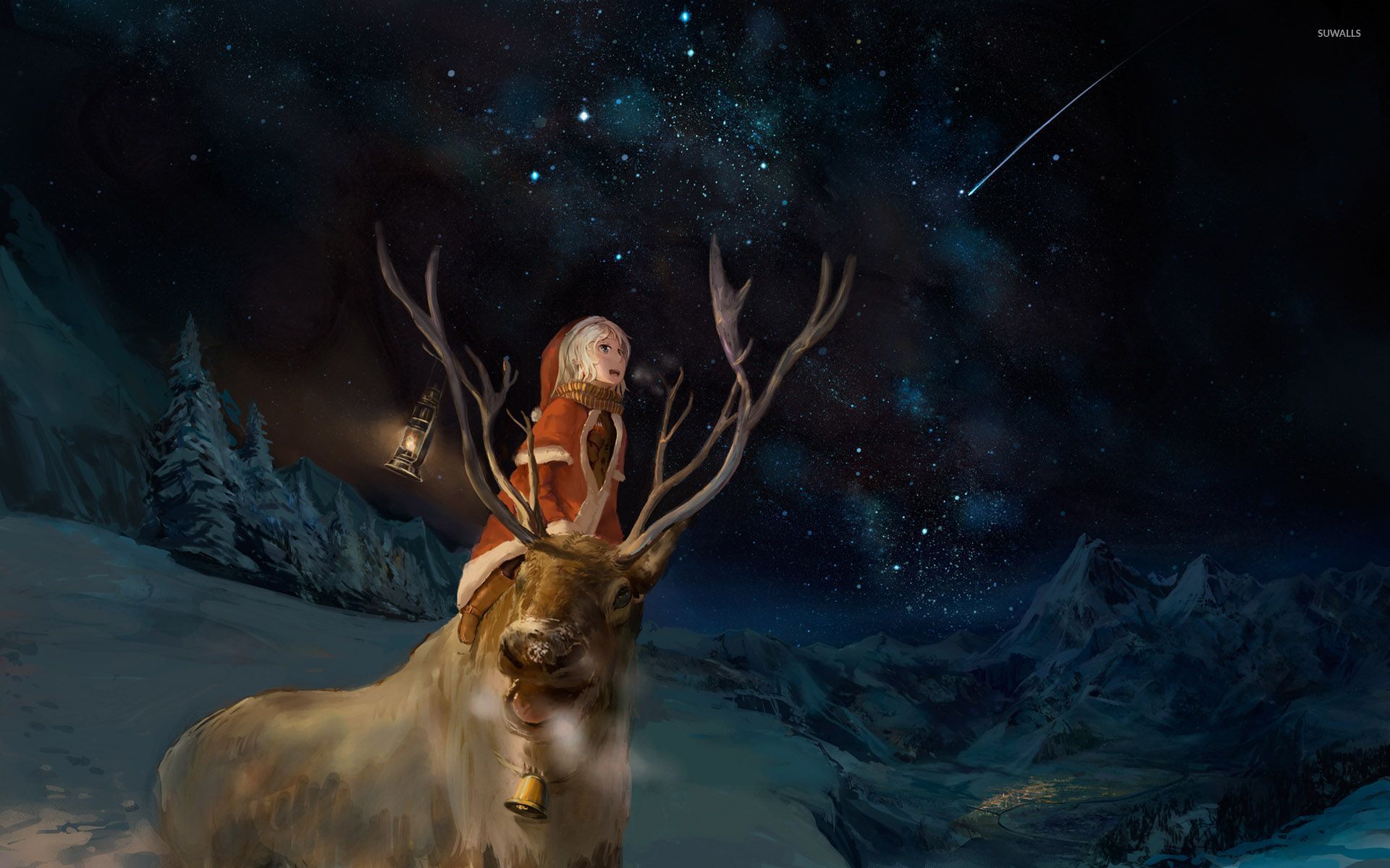 Santa girl and a reindeer watching the night sky wallpaper