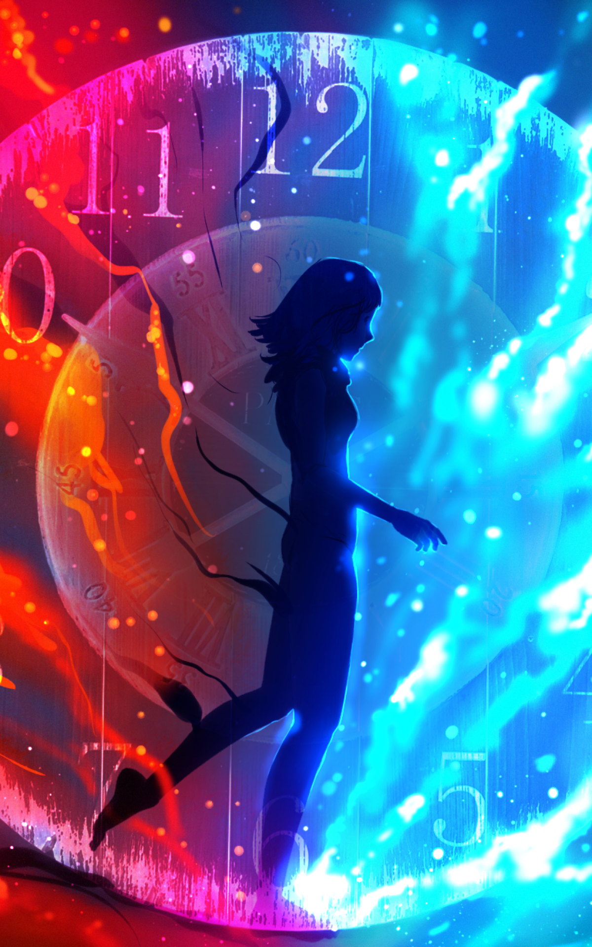 Download 1200x1920 As The Time Passes By, Anime Girl, Clock, Fire