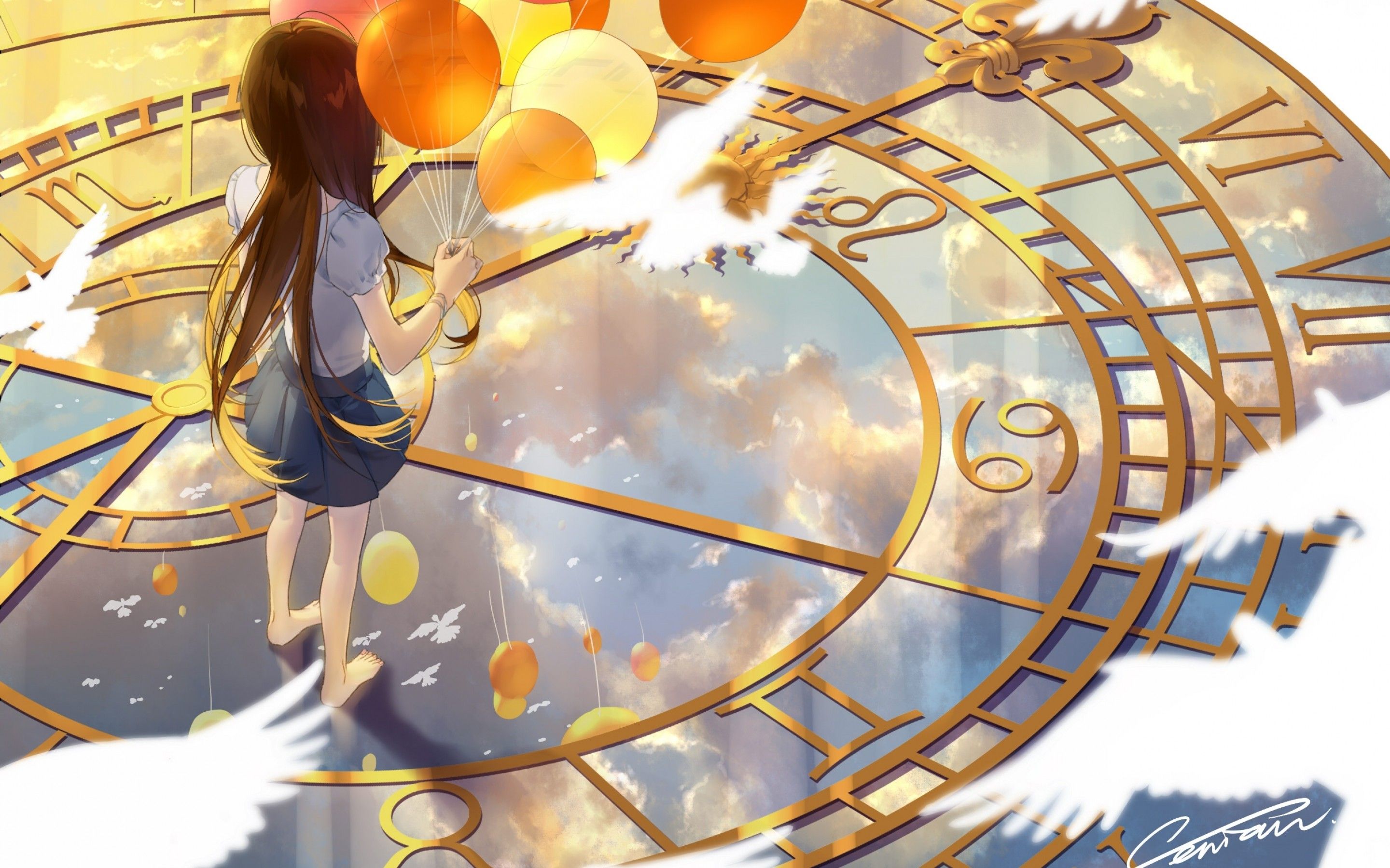 Download 2880x1800 Anime Girl, Clock, Fantastic, Balloons, Birds