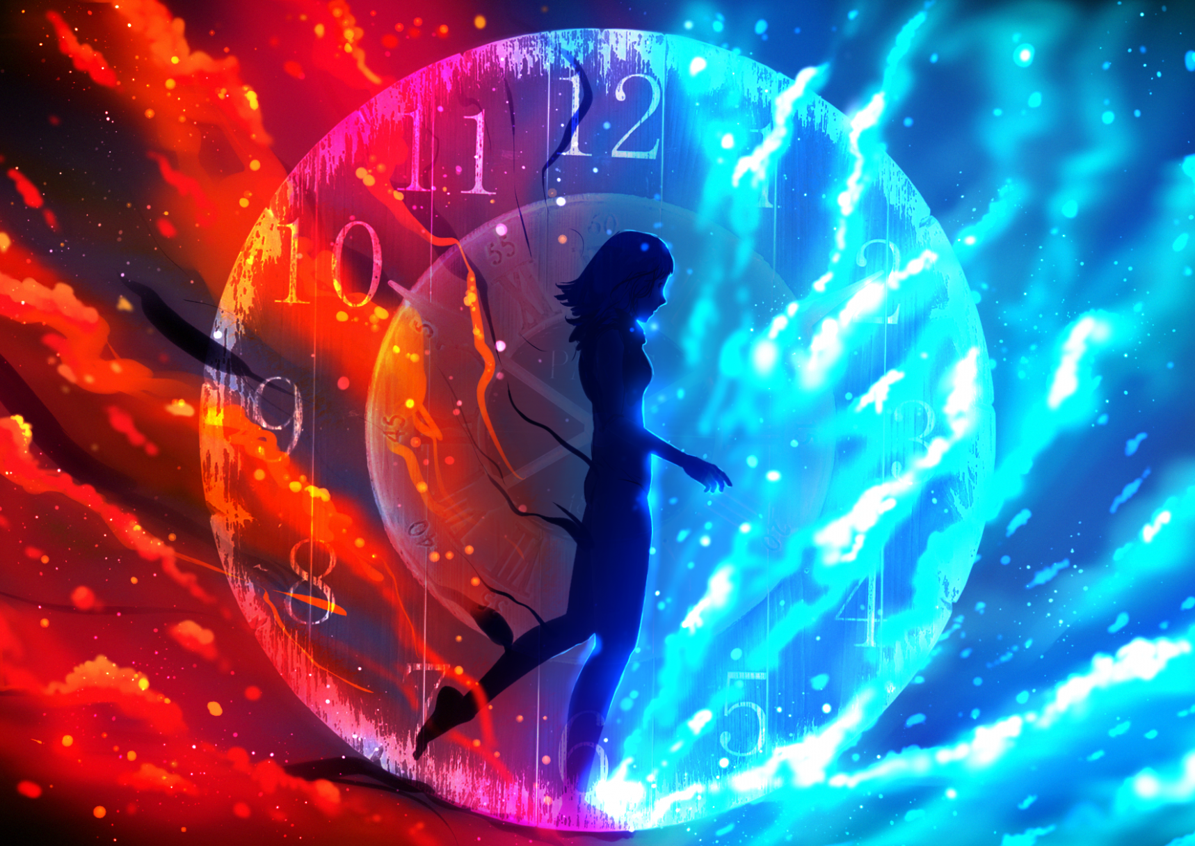 Download 1718x1216 As The Time Passes By, Anime Girl, Clock, Fire