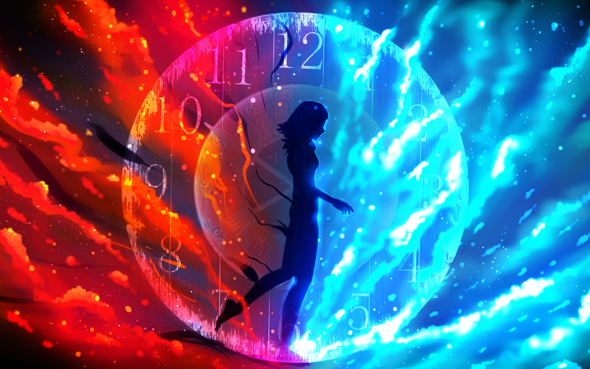 Download 1920x1200 As The Time Passes By, Anime Girl, Clock, Fire