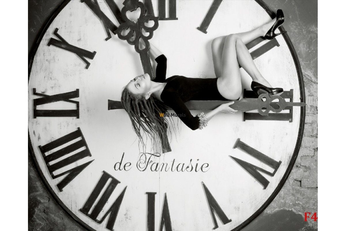 Wallpaper Mural Black White Round Clock With A Girl