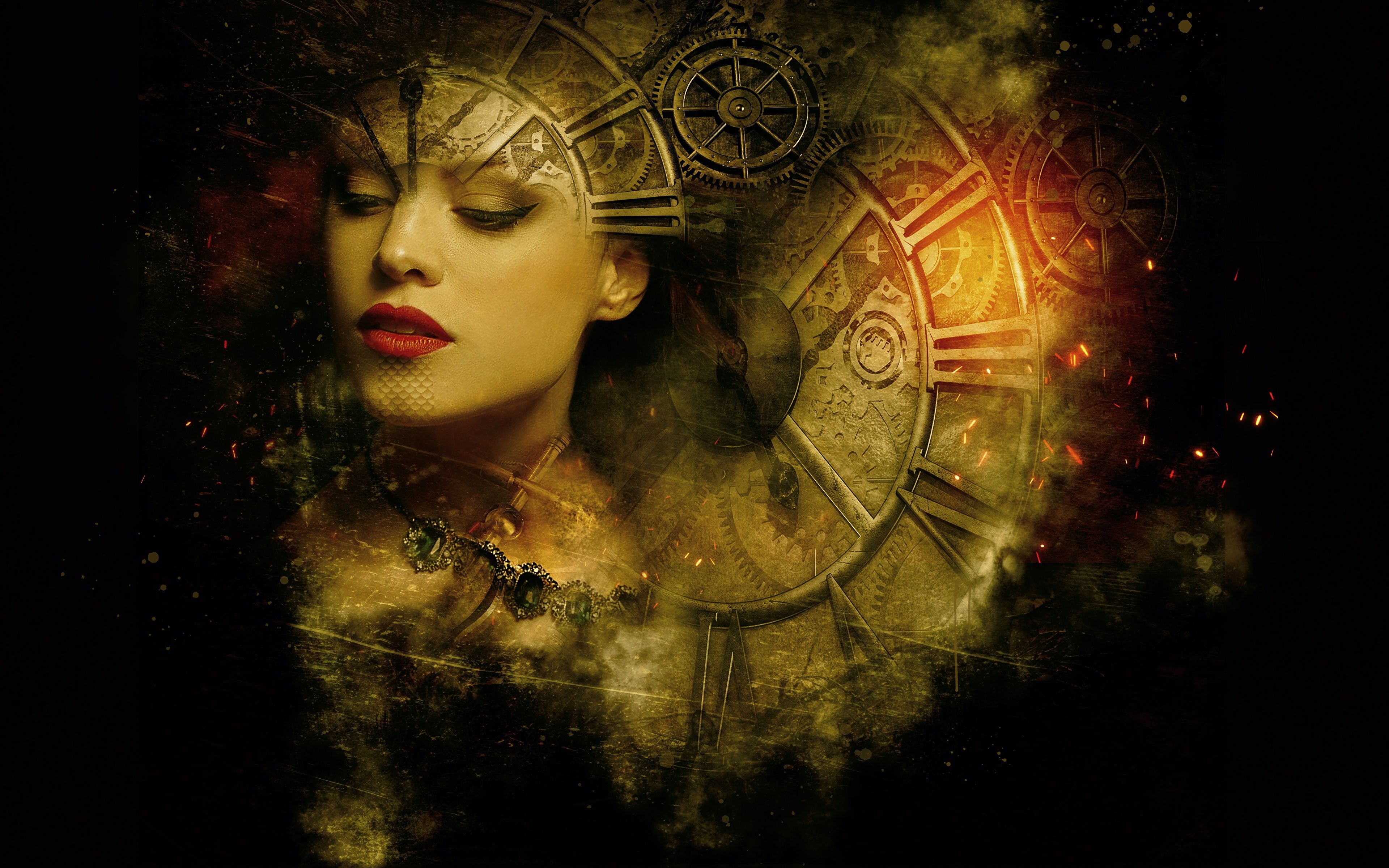 Image Phantasmagoria cogwheel Face Clock Girls Fantasy 3840x2400