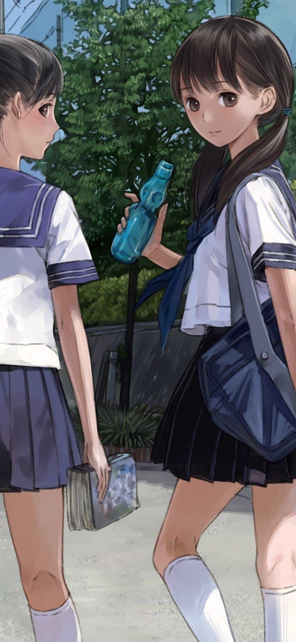 Anime Girl Going School in Uniform HD Wallpaper (1125x2436)