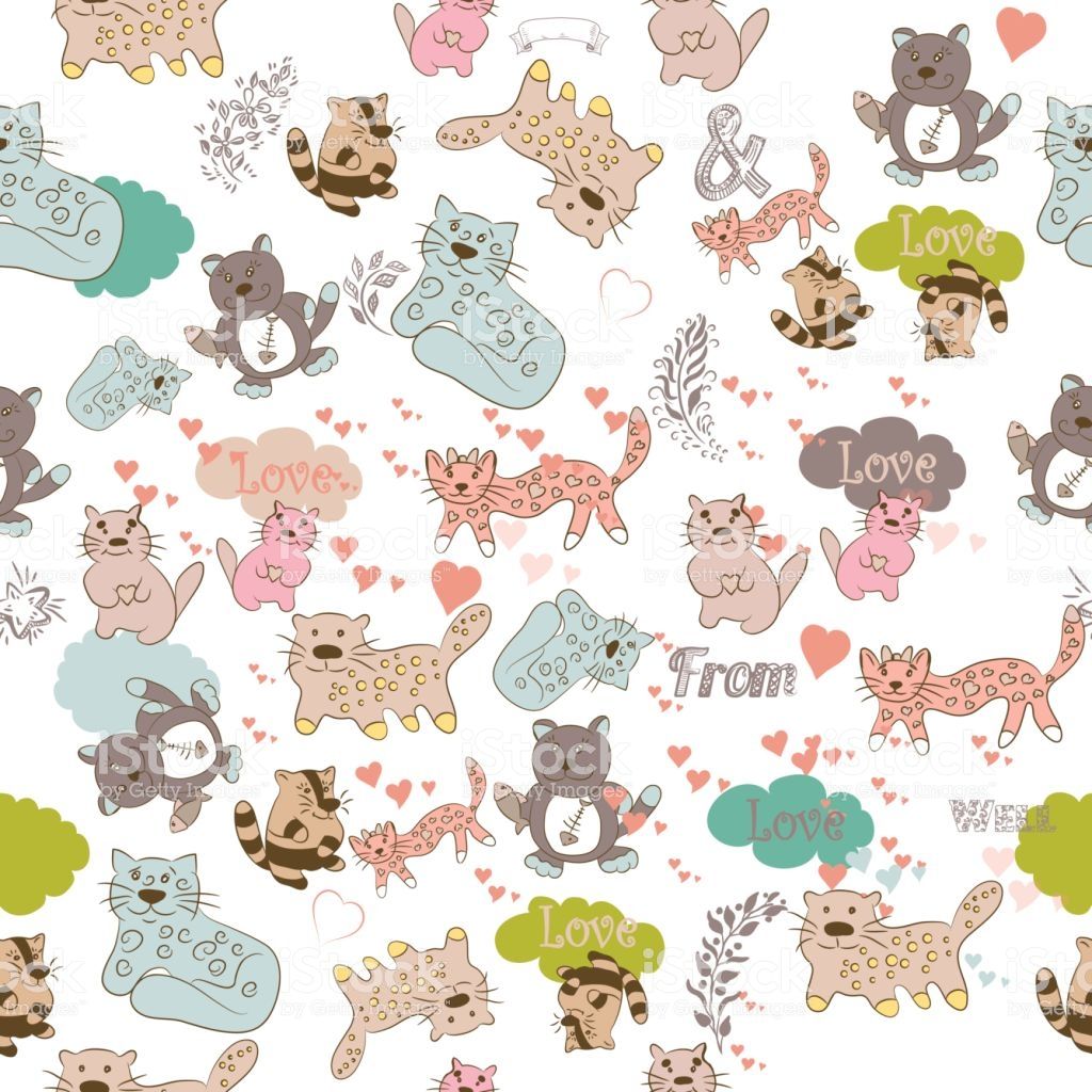 Vector Wallpaper Pattern With Cute Colorful Cats In Pastel Tones