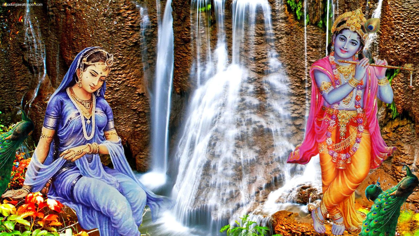 Radhe Krishna wallpaper depicted with beautiful nature scenery