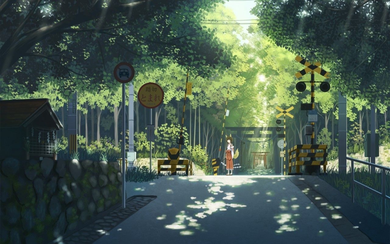 Download 1280x800 Anime Street, Anime Girl, Miko, Sunlight, Trees