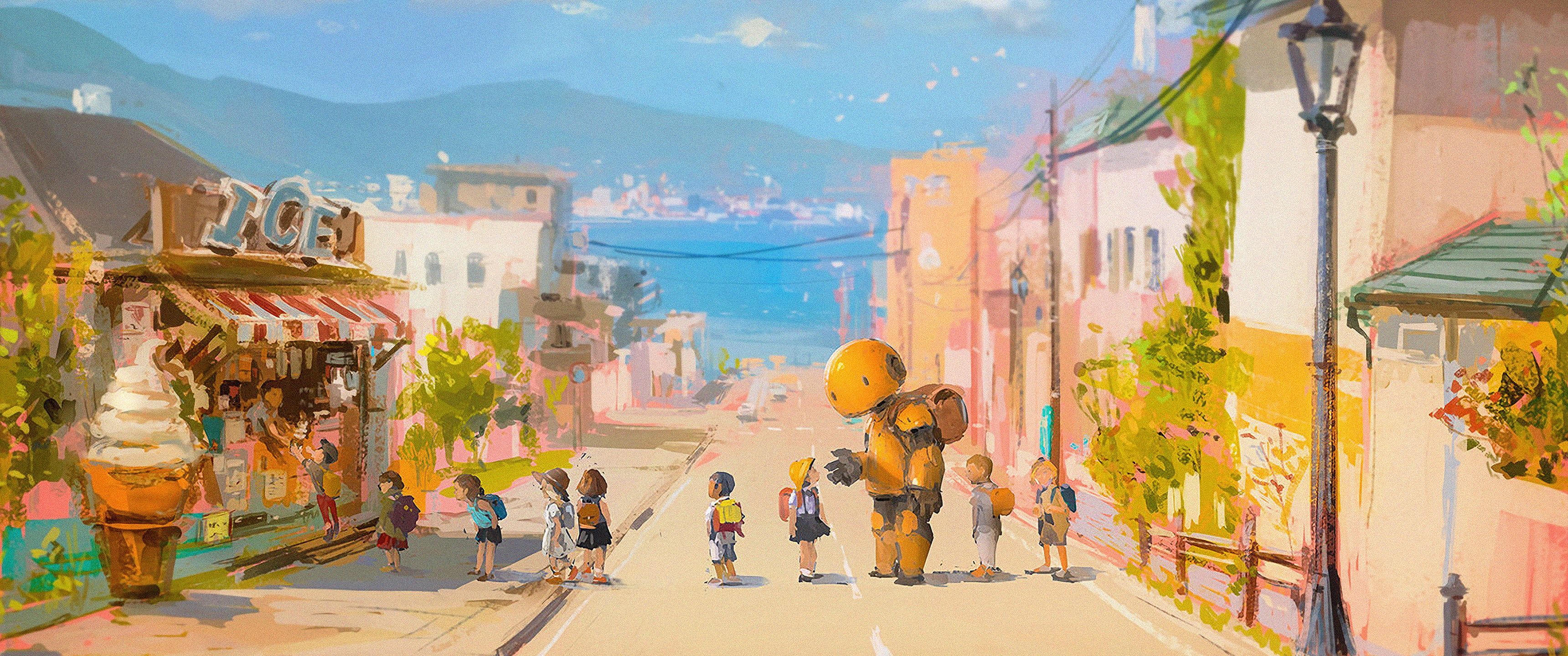 Street #robot #beach #sea #children #anime #ultrawide #ultra Wide