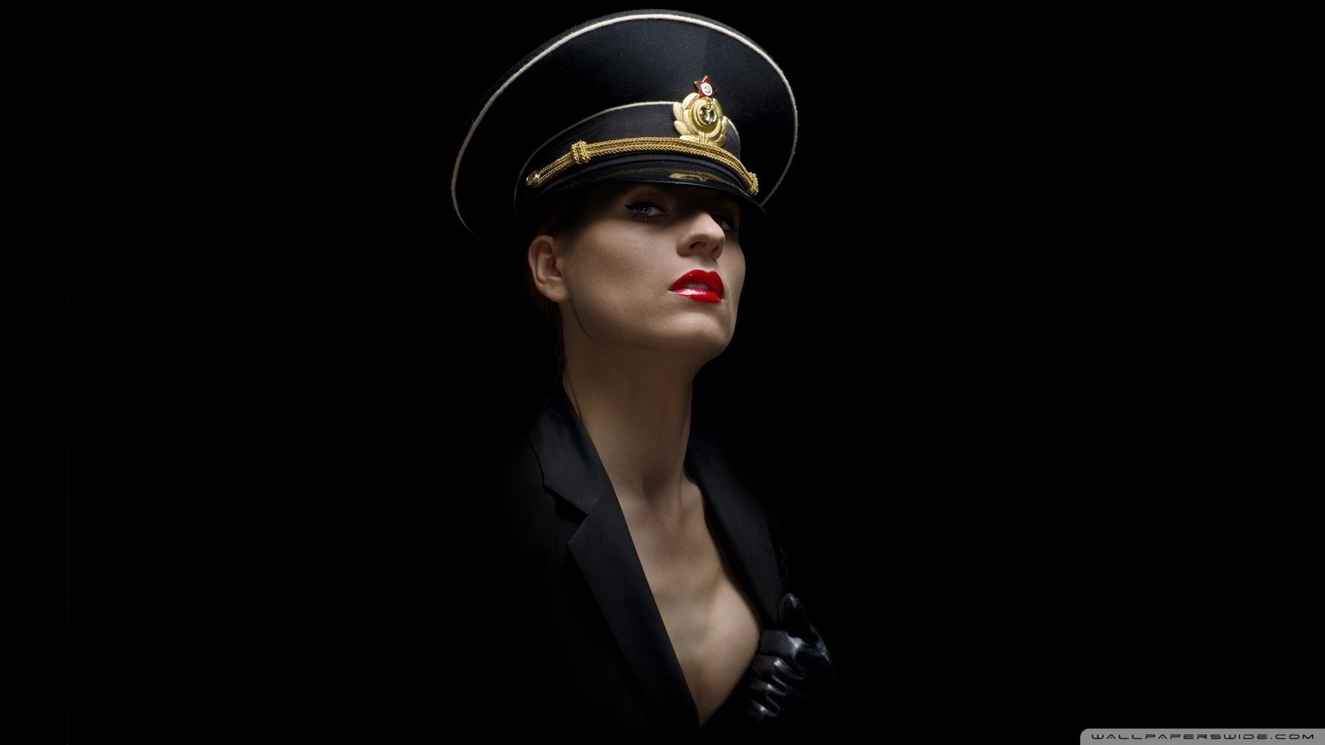women, black, military, models, officer, Russians, red lips, red