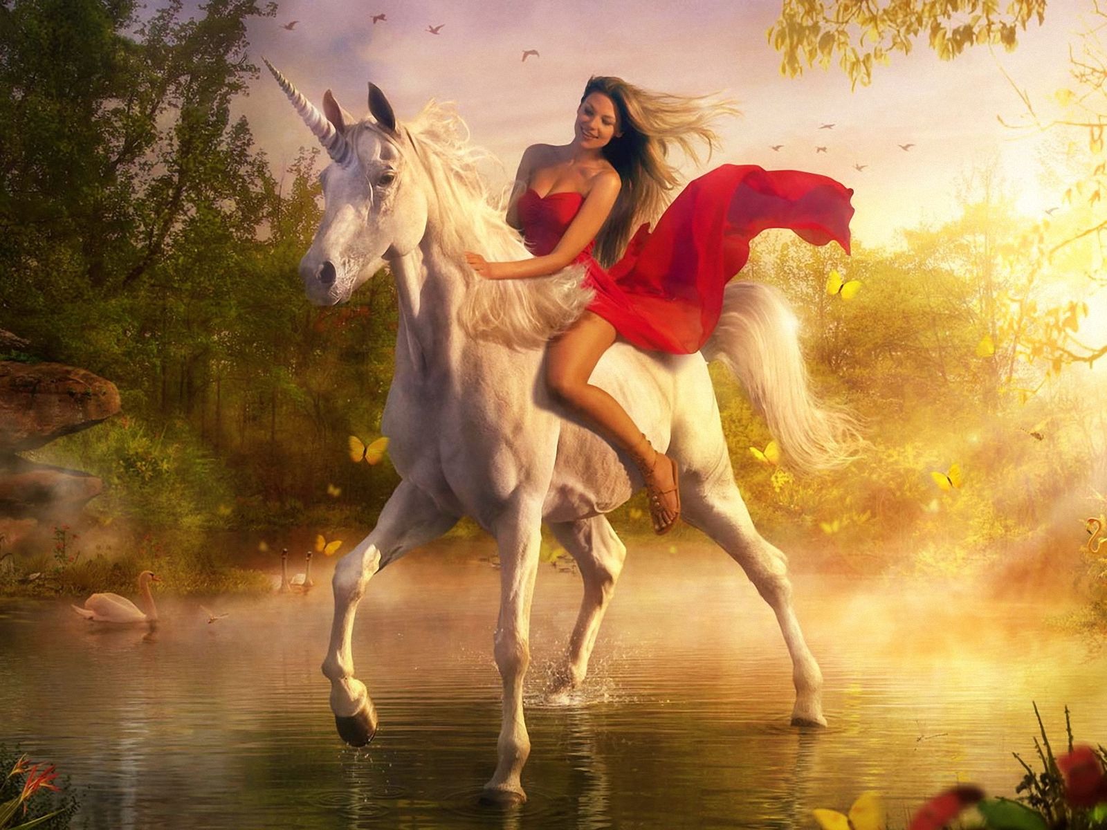 Unicorn Horse, A Beautiful Blue Girl In Red, Lake, Swans, HD