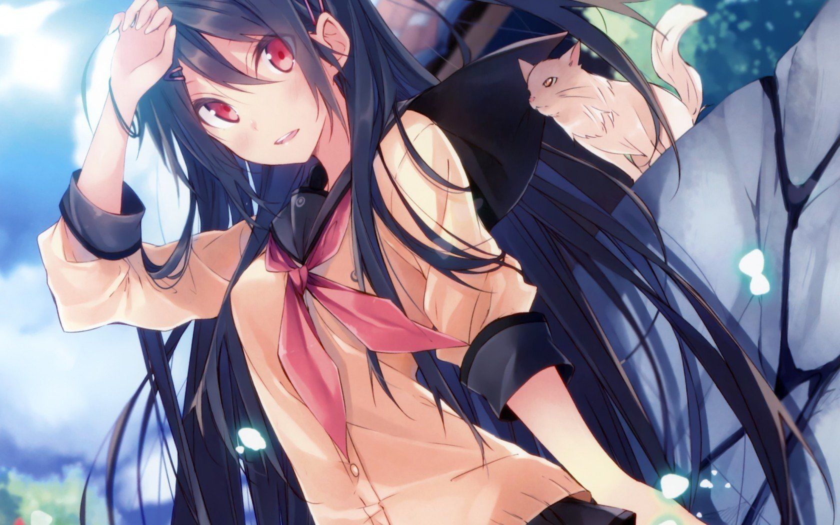 anime girls, School uniform, Red eyes, Black hair HD Wallpaper
