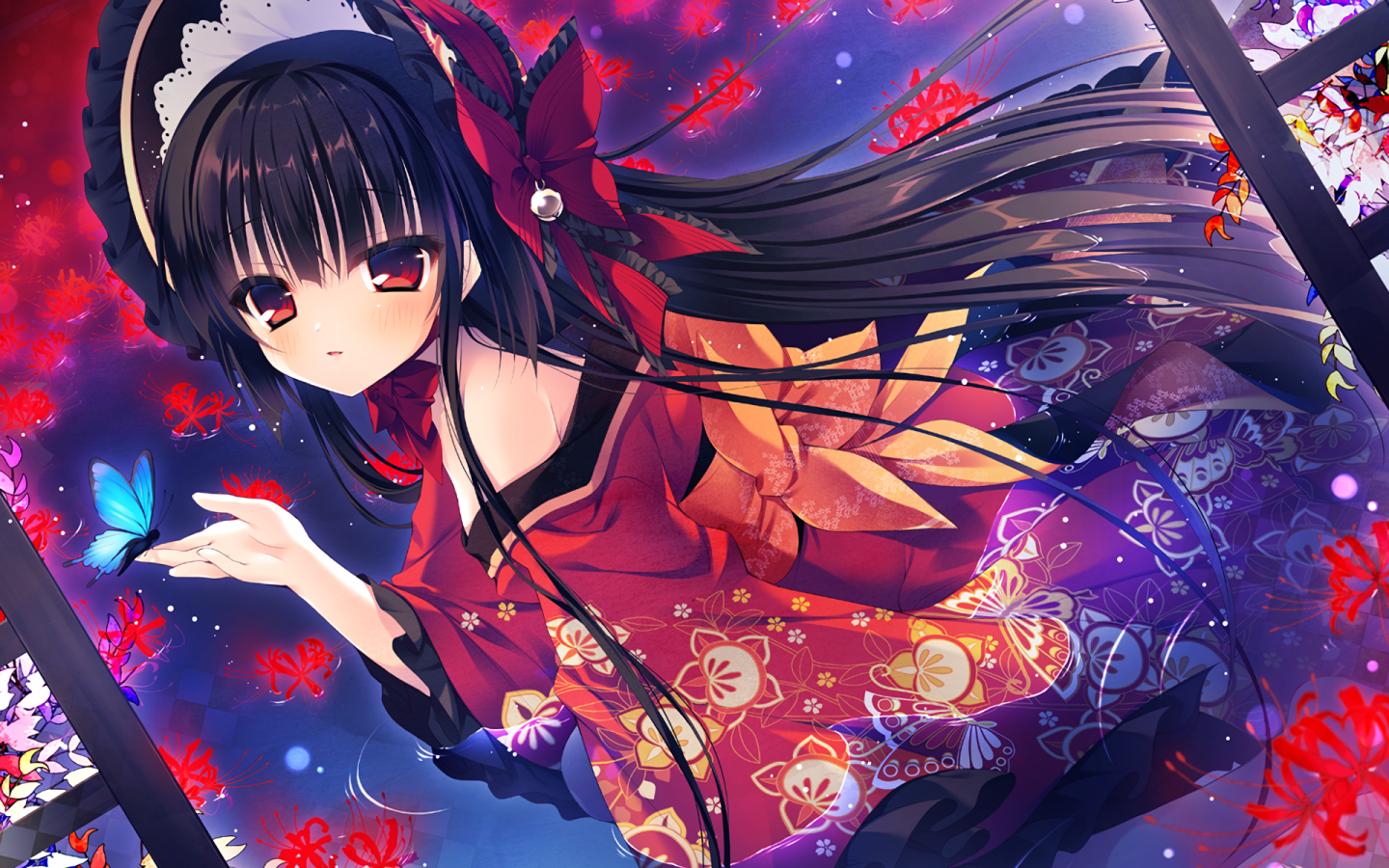 Download 1440x900 Anime Girl, Kimono, Butterfly, Black Hair