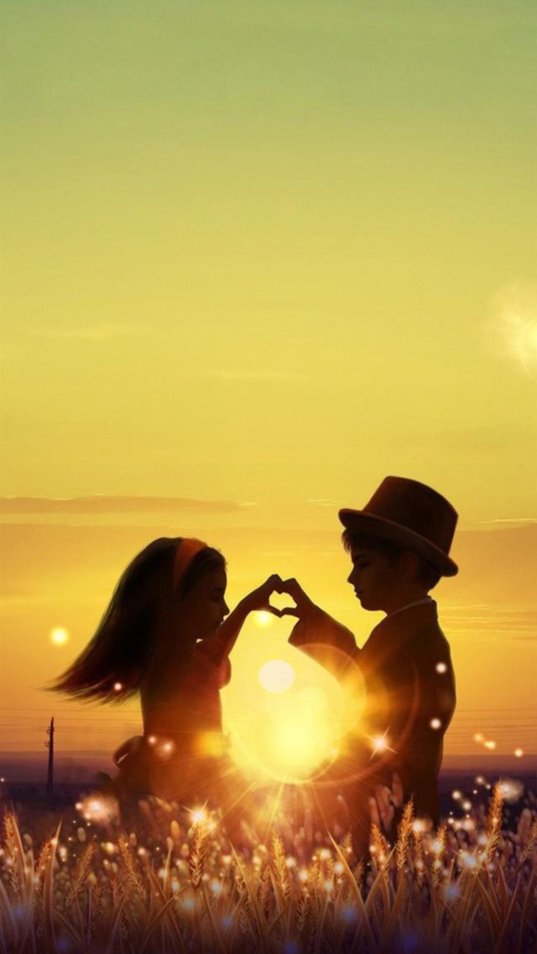 Sunset Love Cute Kids Couple Sunlight Flowers Field iPhone 8 Wallpaper Free Download